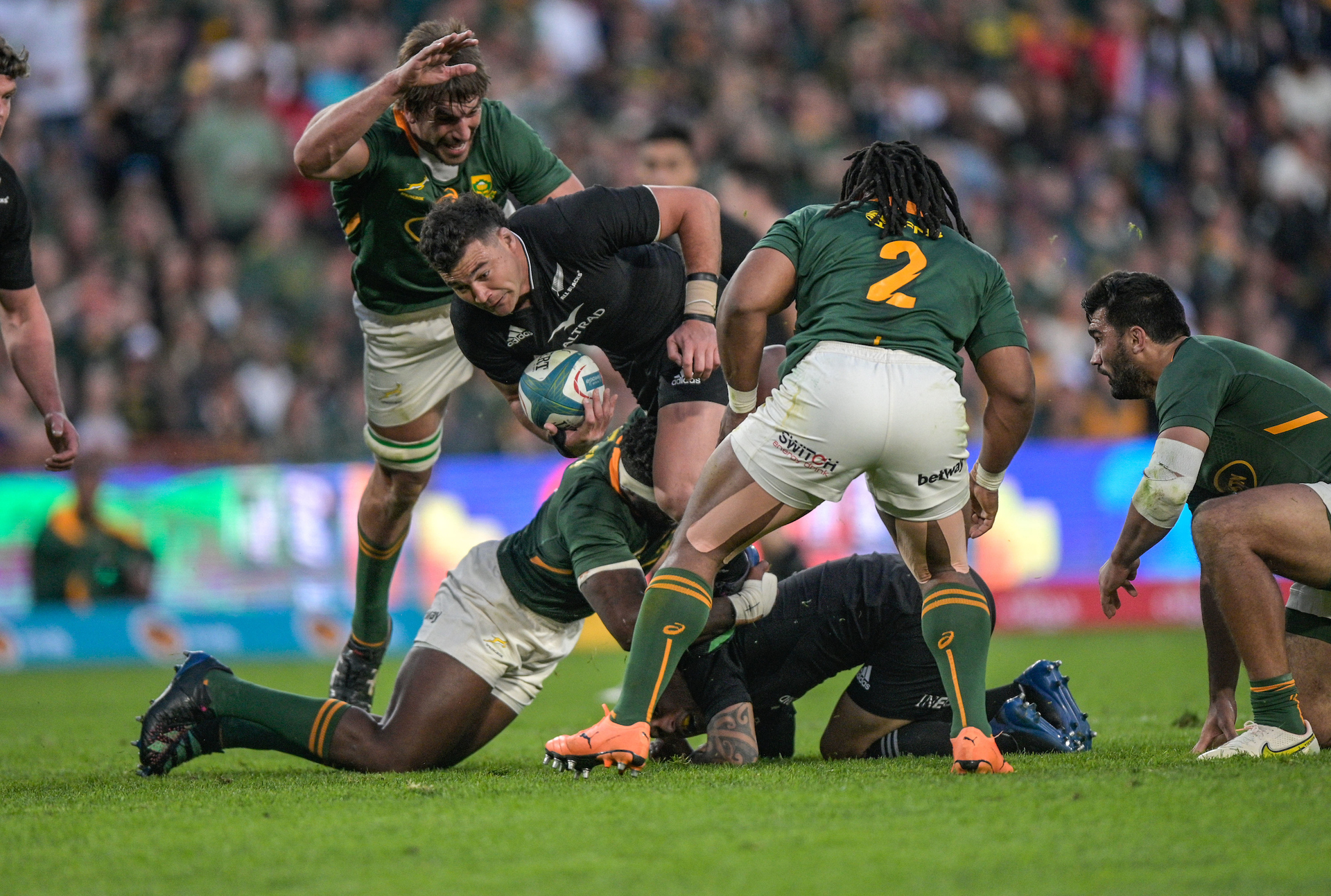 David Havili is tackled during the All Blacks-Springboks at Ellis Park. Photosport