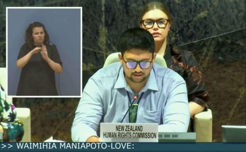 Waimihia Maniapoto-Love addressing the UN about New Zealand's commitments to indigenous rights. Photo / Human Rights Commission