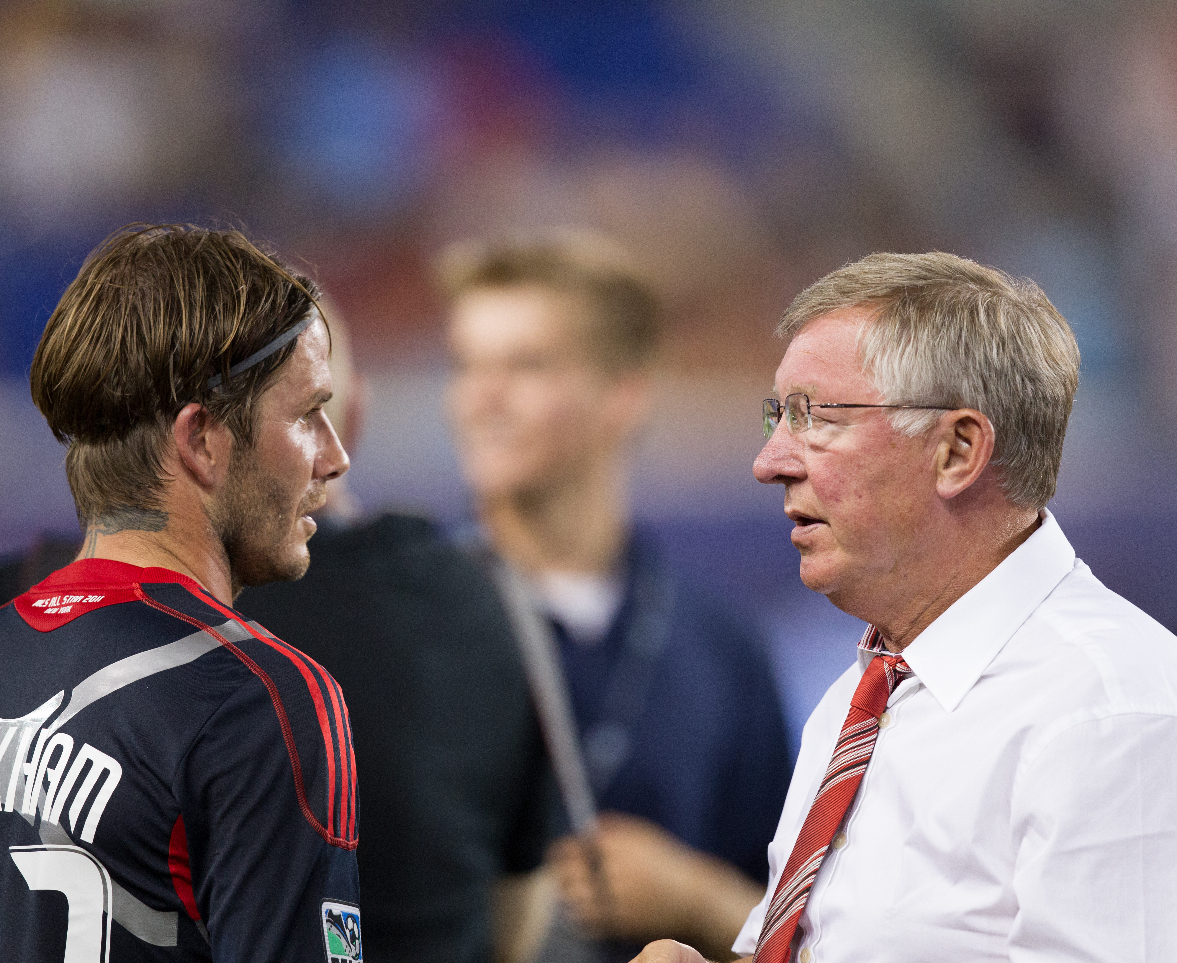 Manchester United head coach Sir Alex Ferguson and MLS All Star player for the LA Galaxy David Beckham reconnect after the MLS All Star match, MLS vs Manchester United in 2011. Photo / Getty Images