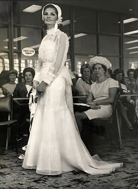 Michal modelling a wedding dress by Babs Radon, 1968. Photo / Barbara Herrick courtesy of The New Zealand Fashion Museum