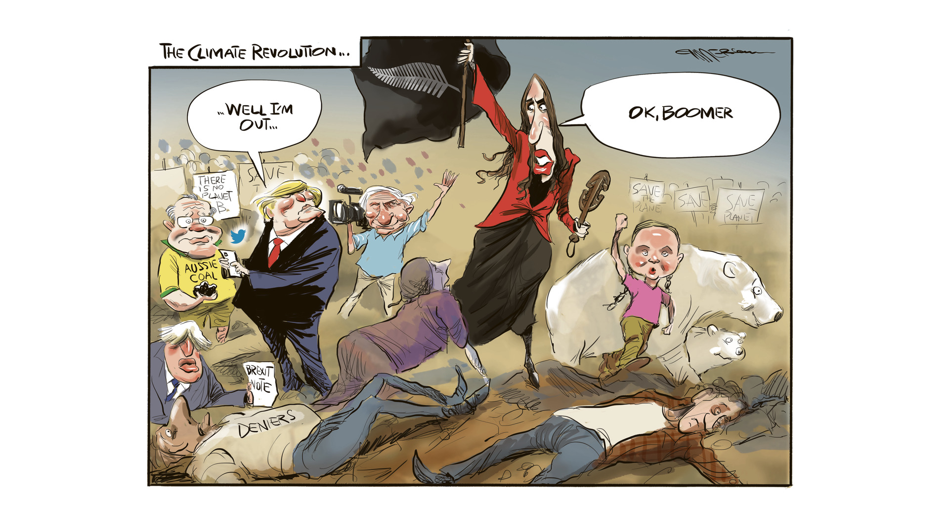 A 2019 cartoon after Ardern introduces climate change legislation while US President Donald Trump promises to withdraw from the Paris Agreement. Cartoon / Rod Emmerson