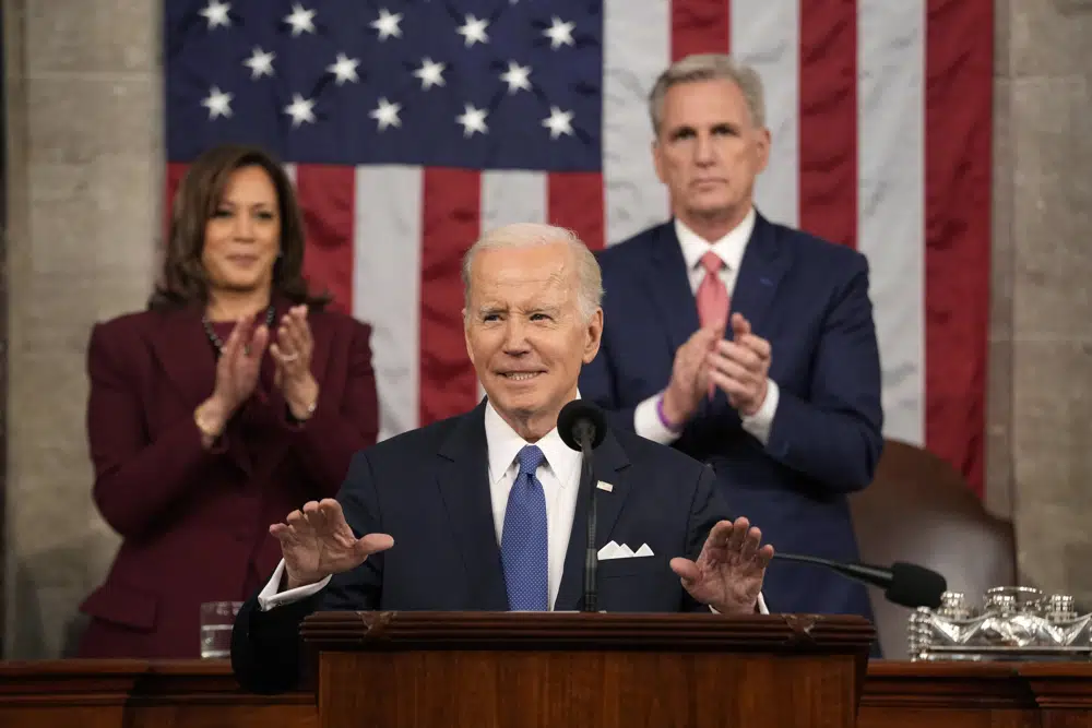 US President Joe Biden delivers the State of the Union address to a joint session of Congress at the US Capitol, in Washington, as Vice President Kamala Harris and House Speaker Kevin McCarthy of California, applaud. Photo / AP