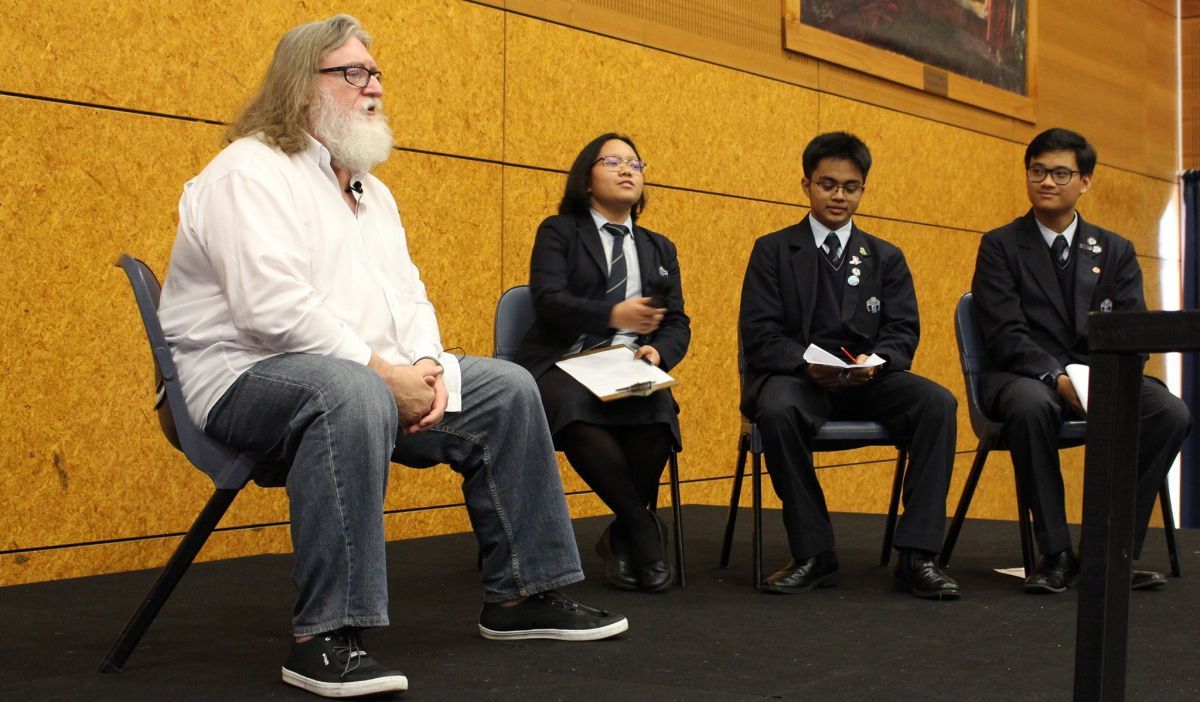 Gabe Newell during a May 2021 speech and Q&A at Auckland's Sancta Maria College. Photo / Facebook