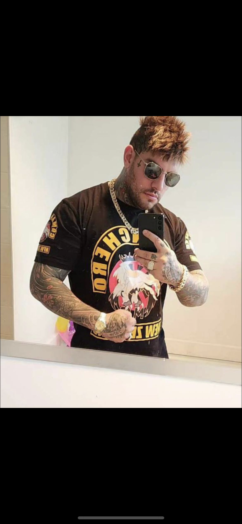Former Rebels MC Christchurch gang member Jarrad Singer wears his new gang colours after he patched over to the Comancheros. Photo / Supplied