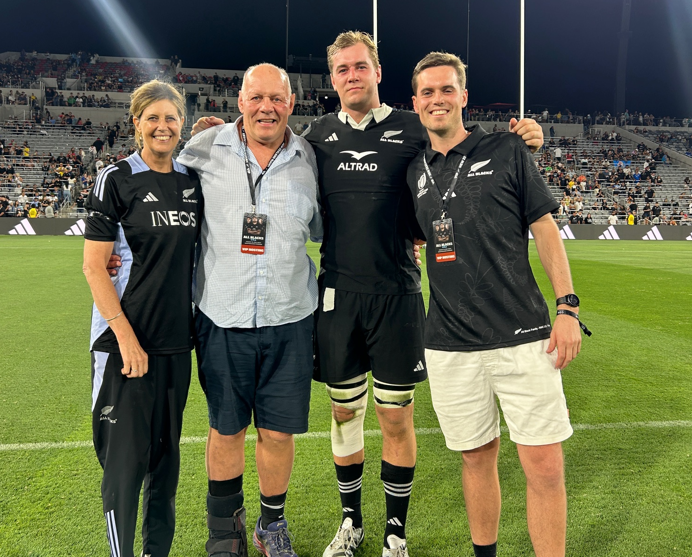 The Darry family celebrate son Sam's All Blacks debut in San Diego. Photo / Christchurch Star