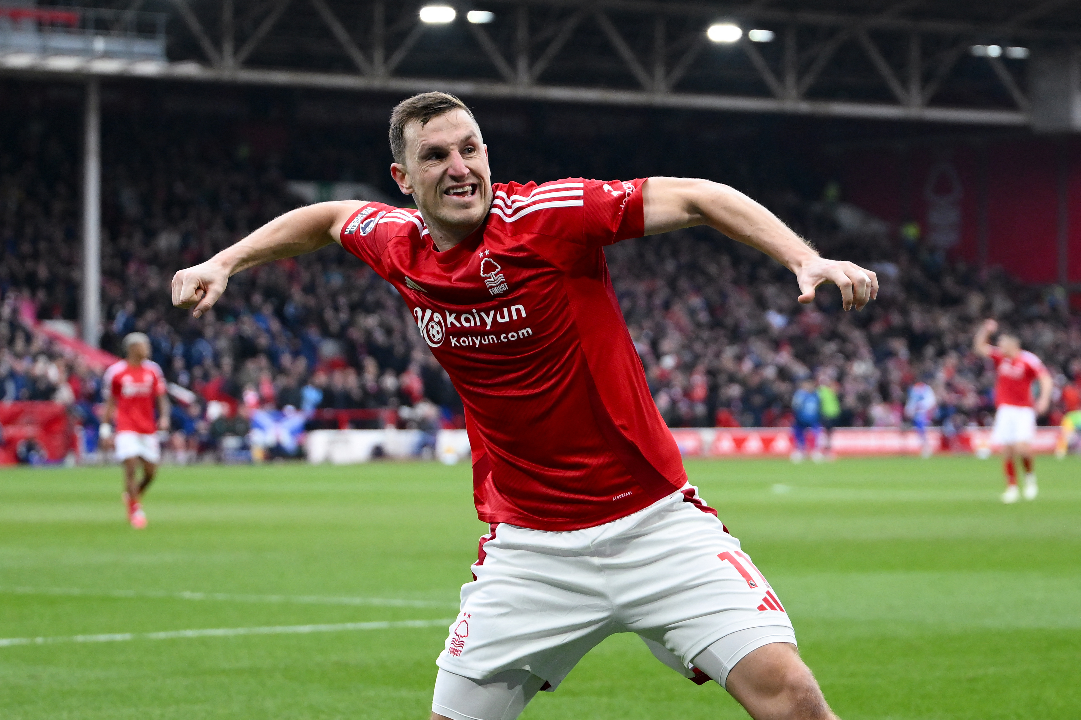 Chris Wood celebrates a goal during Nottingham Forest's match against Brighton and Hove Albion on February 1. Photo / AFP
