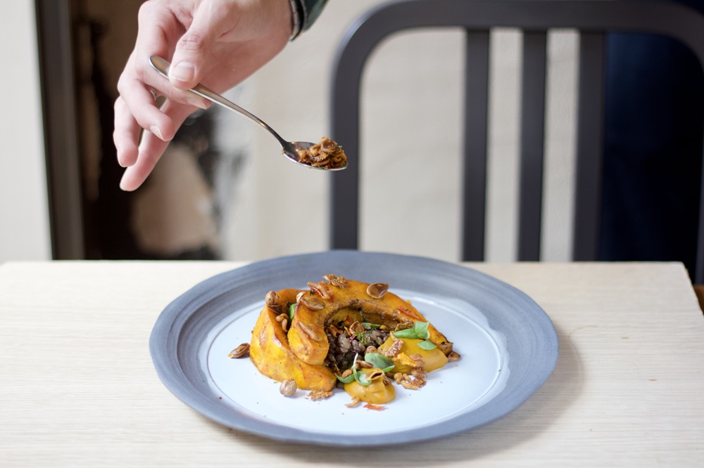 A plate of Fossket Kuri squash, zhoug, and green olive lentils. Photo / Stefan