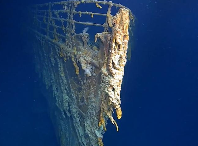 Titanic's bow on the sea floor. Photo / BBC, Atlantic Productions