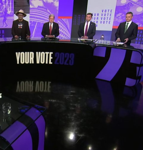 Multi-Party Debate, moderated by Jack Tame, with David Seymour (Act Party), James Shaw (Green Party), Rawiri Waititi (Te Pāti Māori) and Winston Peters (NZ First). Photo / via 1News