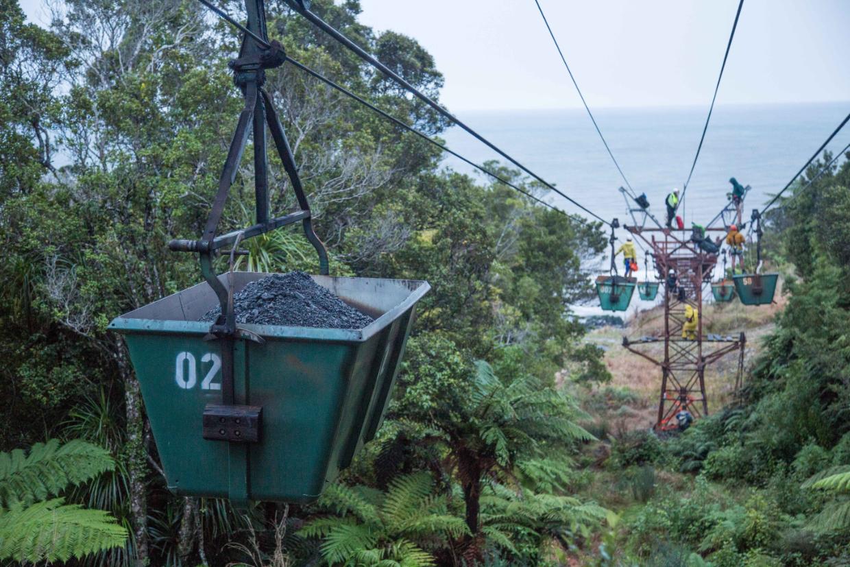 Protesters on the aerial ropeway and coal buckets at the Stockton Mine.