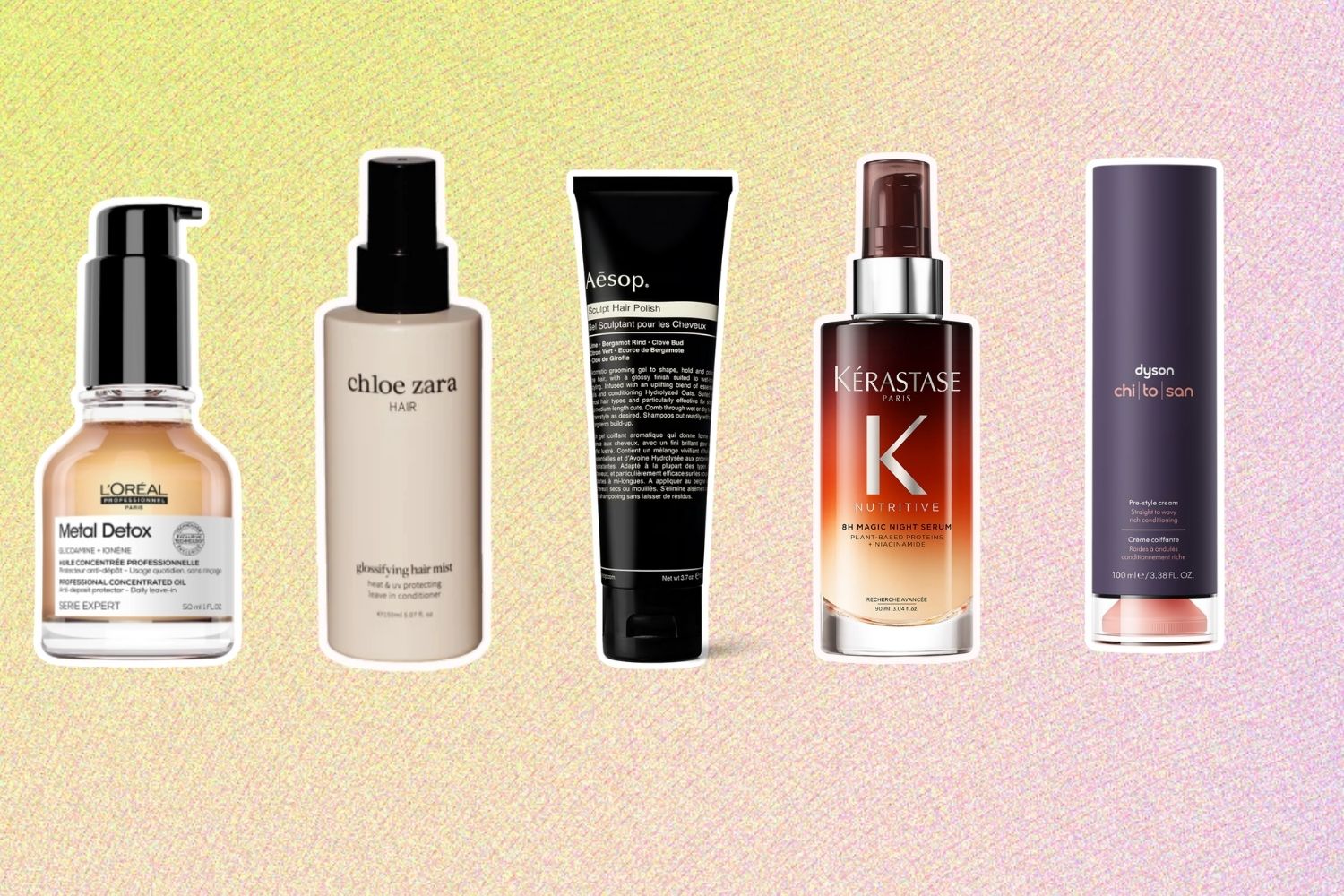 From left: L’Oreal Professionel Metal Detox Oil; Chloe Zara Hair Glossifying Hair Mist; Aesop Sculpt Hair Polish; Kerastase Nutritive 8H Night Repair Serum; Dyson Chitosan Pre-Style Cream.