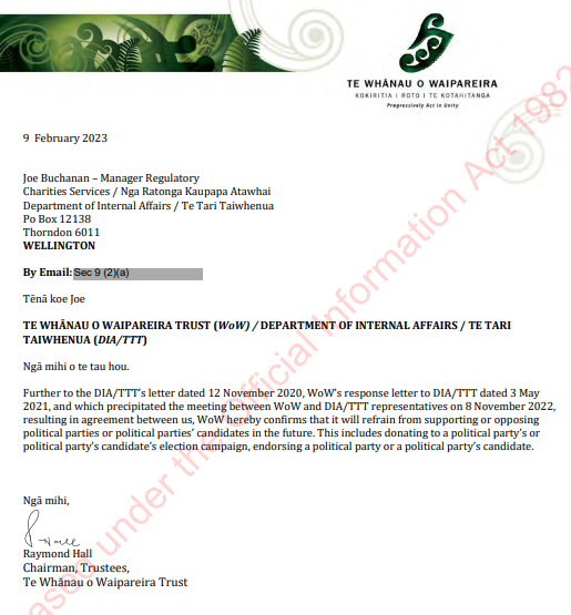 In February 2023, Waipareira pledged to cease making political donations or supporting candidates or parties. Source / Official Information Act