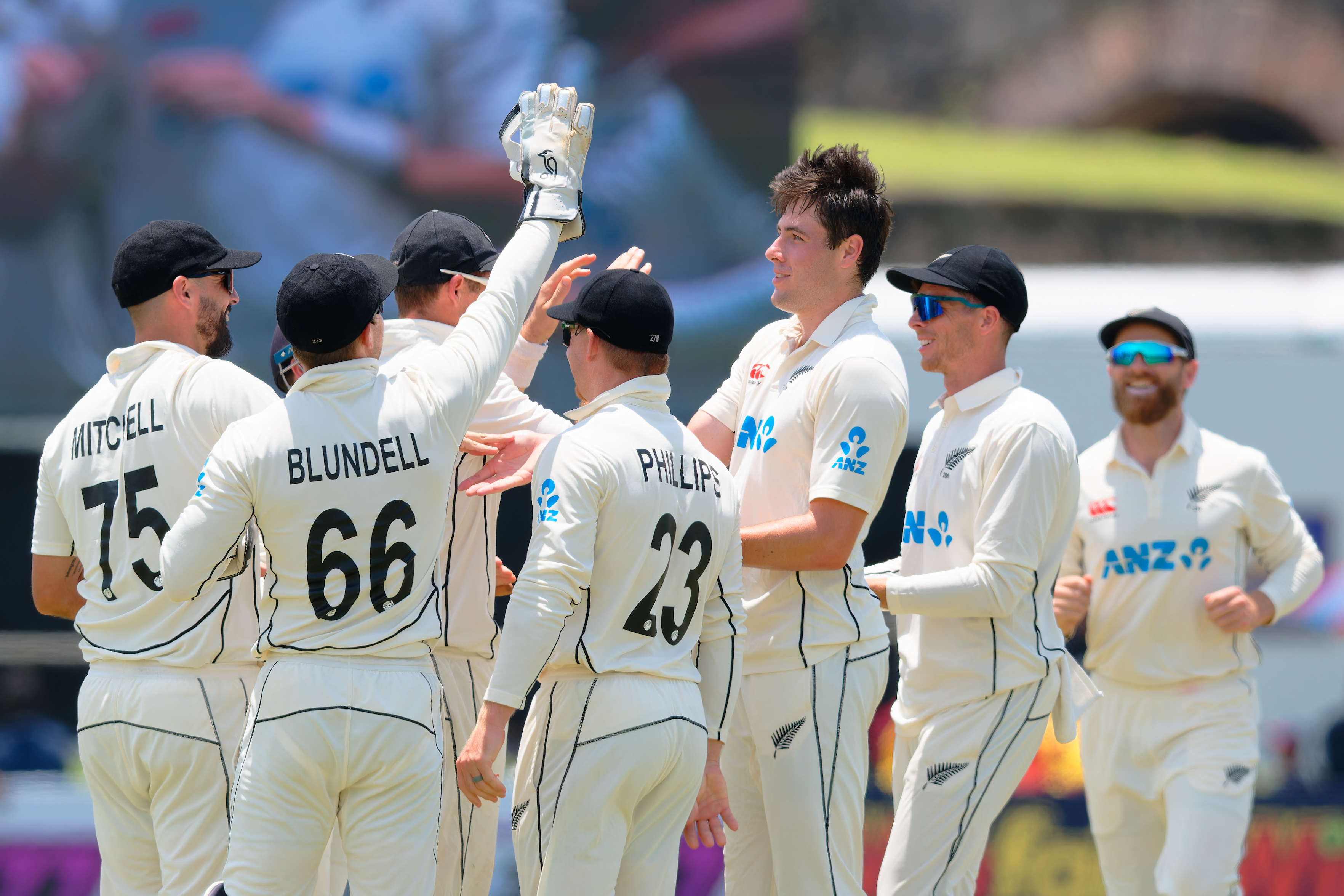 The Black Caps celebrate a wicket on day three of the first test. Photo / Sri Lanka Cricket