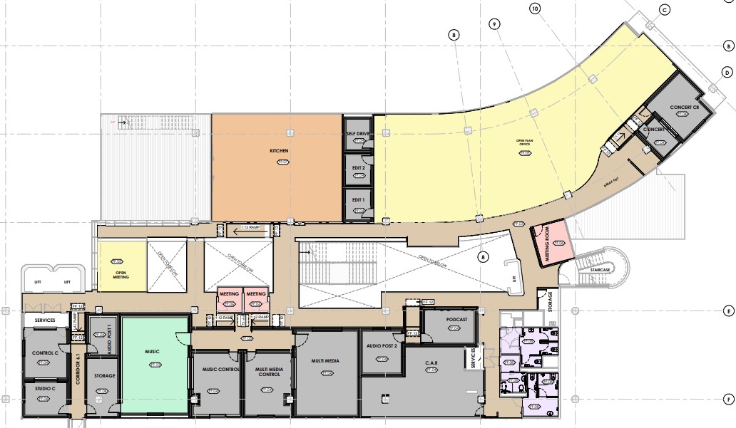 Level 6 features studios for podcasting, music, multimedia and Concert FM, according to early design plans.