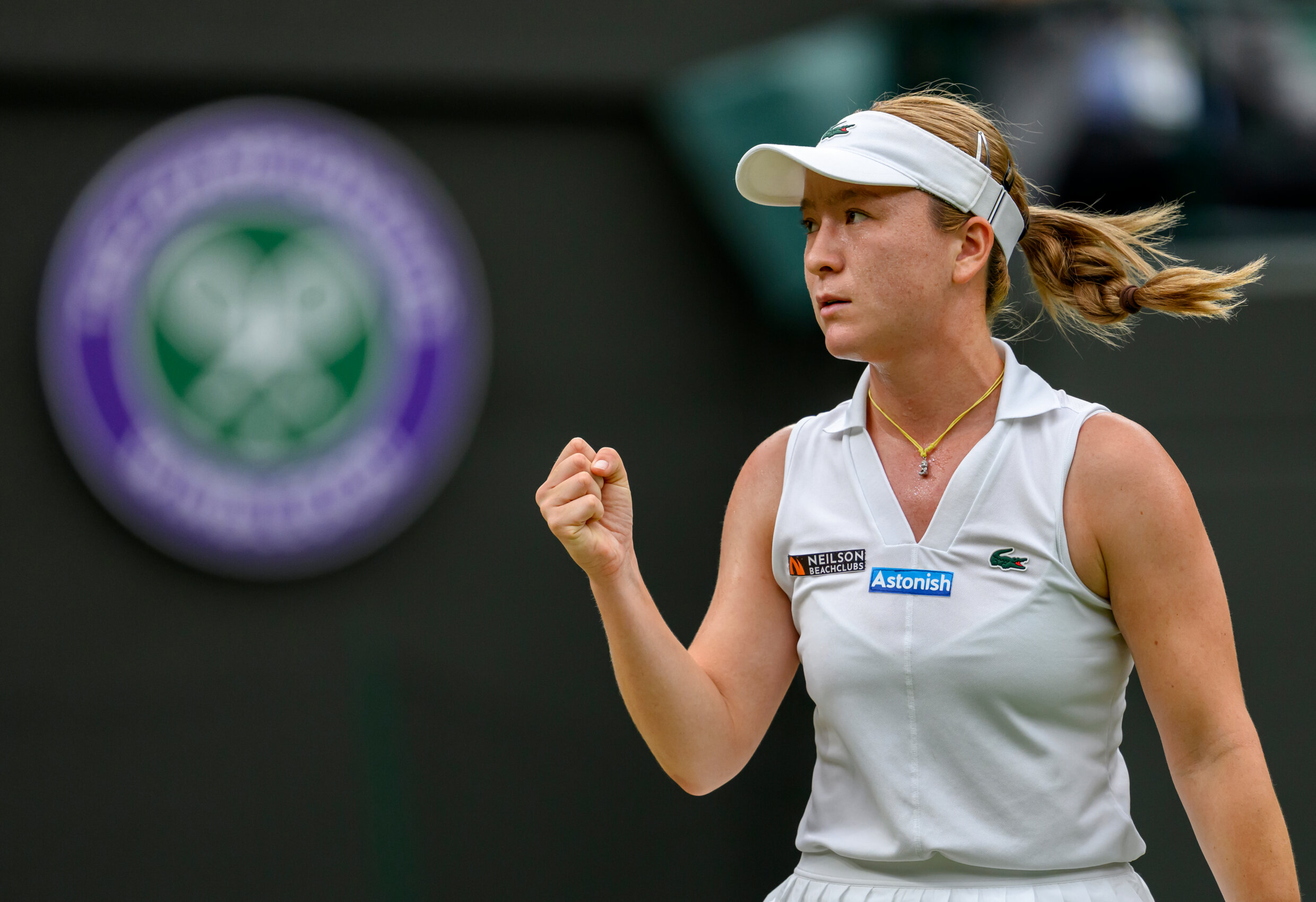 Lulu Sun celebrates a point in her quarter-final match at Wimbledon. Photo / Jonathan Nackstrand for The All England Lawn Tennis Club