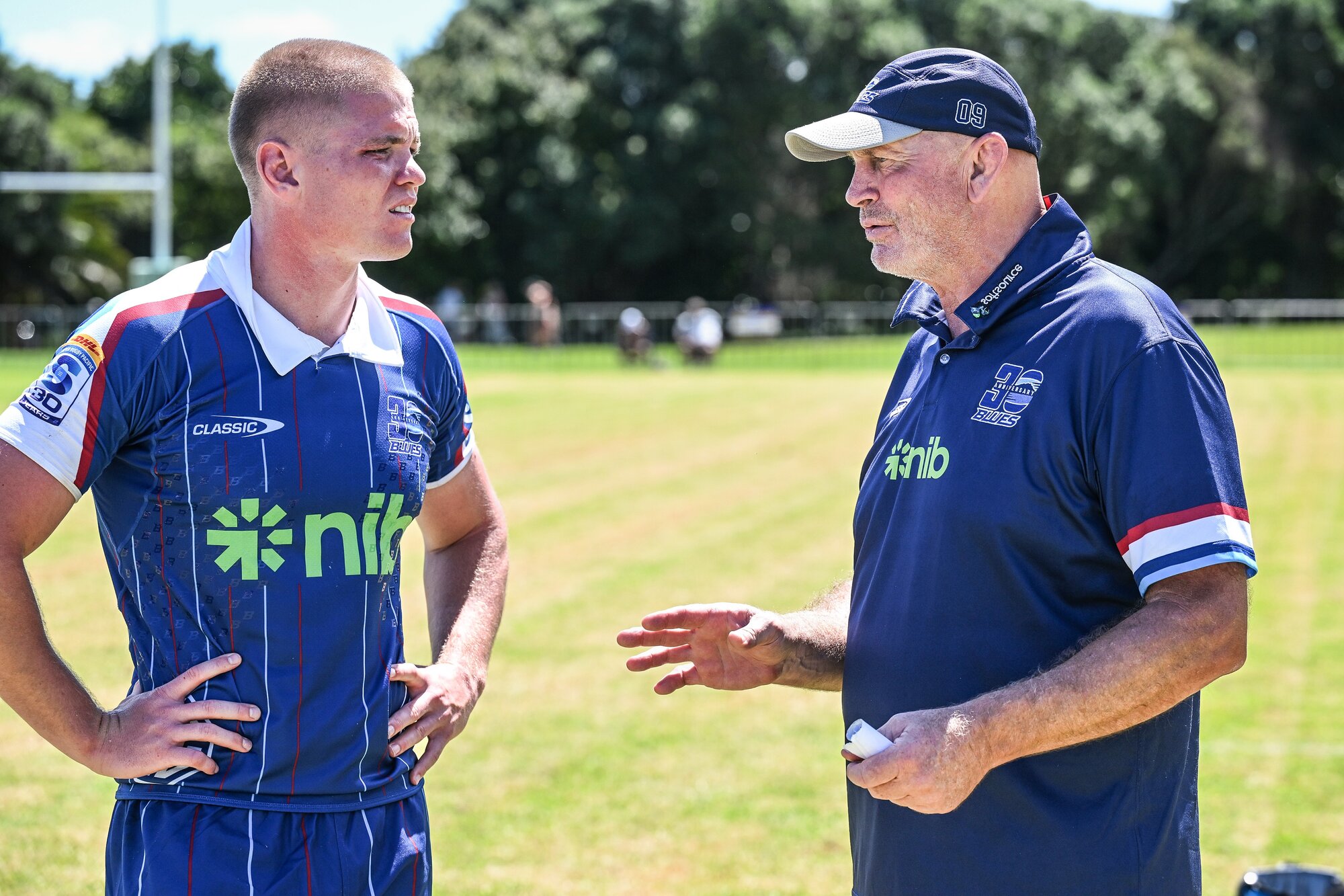 Anton Segner with Blues coach Vern Cotter at pre-season training. Photo / Photosport