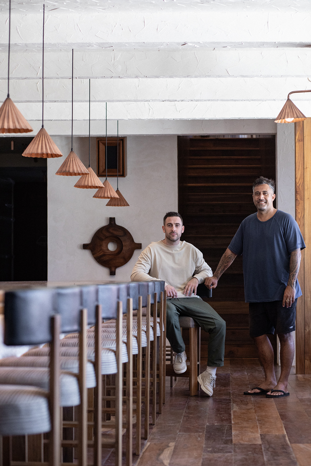 Adam McAsey and Tai Graham in their new venture, Electric Eel, a 70s-inspired all-day eatery with views of the surf at Canggu’s Echo Beach. Photo / Supplied