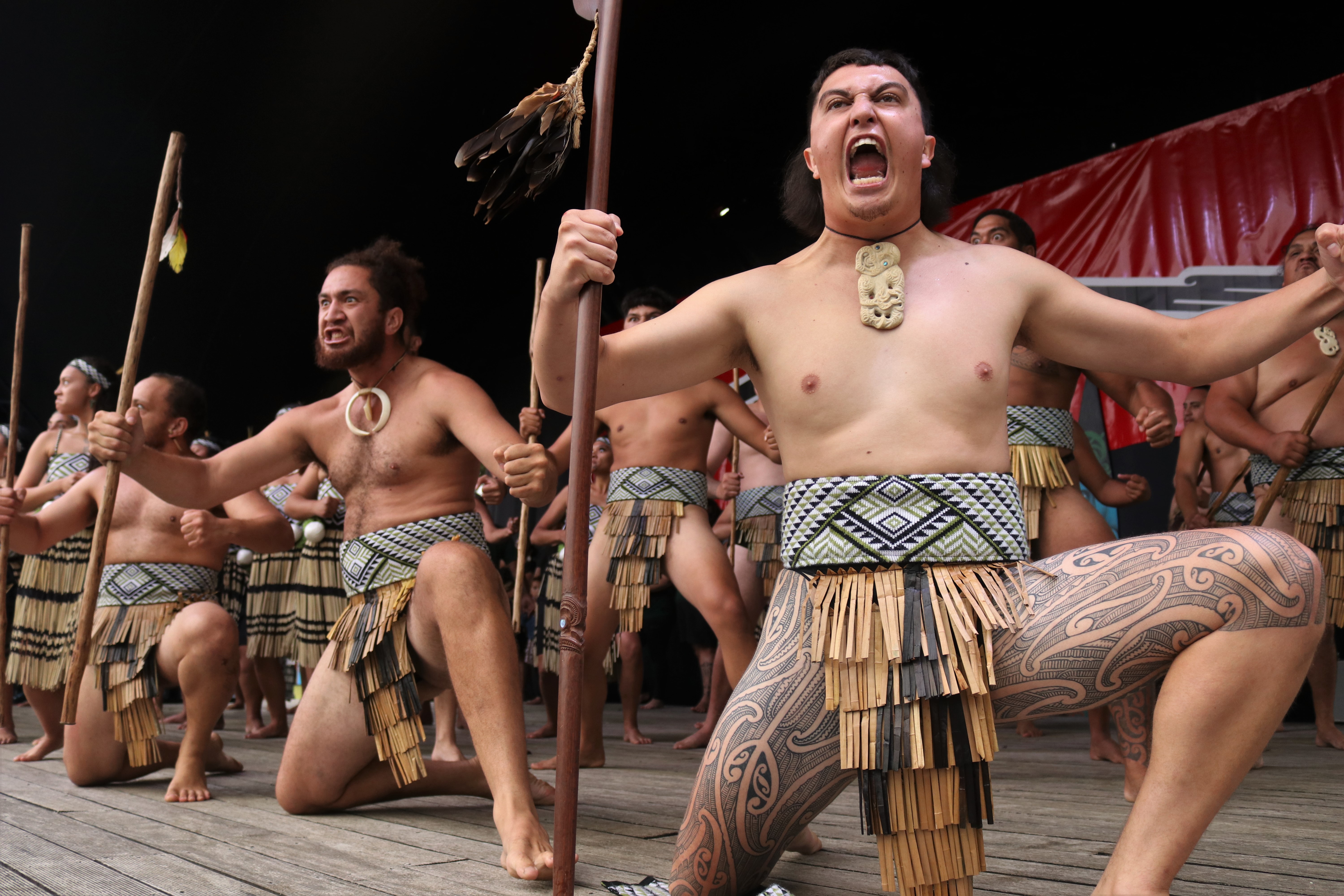 Daniel Ryan-Tipene (right) performs a haka with Waerenga Te Kaha, a kapa haka group drawn from Ōtiria and Motatau marae. Photo / Peter de Graaf