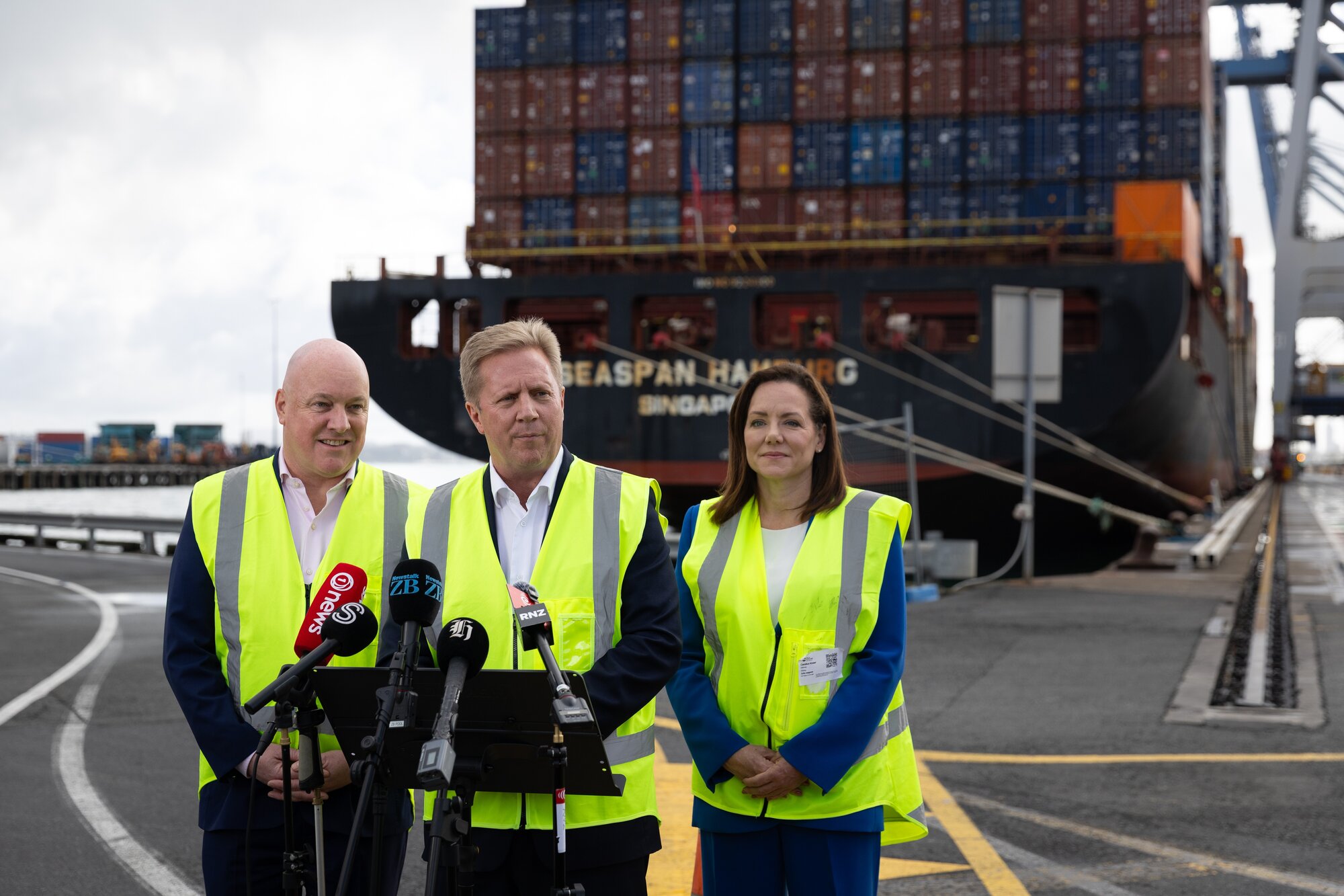 Luxon announced the campaign policy alongside National's trade spokesperson Todd McLay and Auckland Central Candace Kinser at the Port of Auckland yesterday. Photo / Sylvie Whinray 