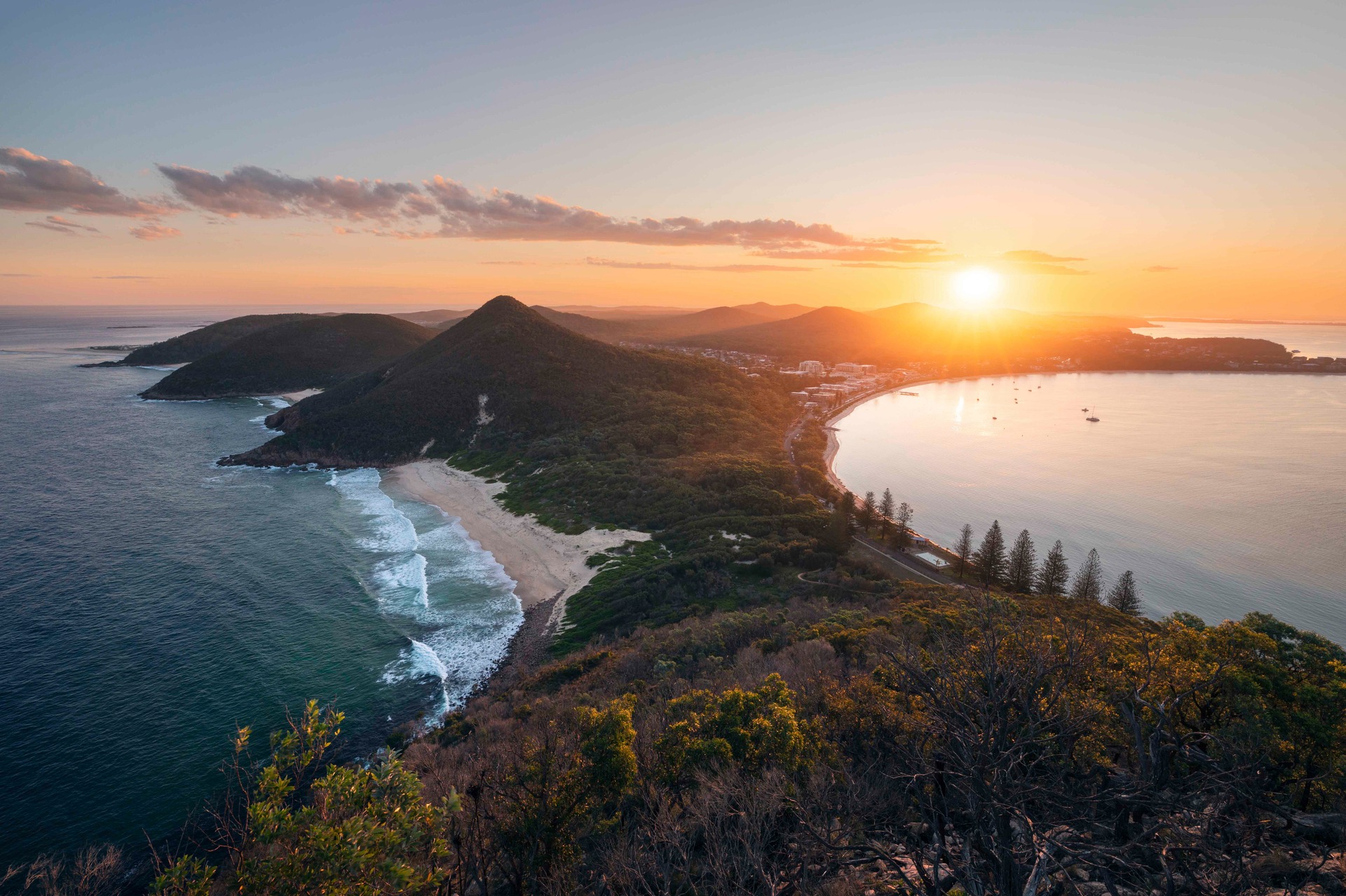 Shoal Bay Beach, Zenith Beach, Wreck Beach and Box Beach in Port Stephens, seen from Tomaree Head Summit. Photo / Destination NSW
