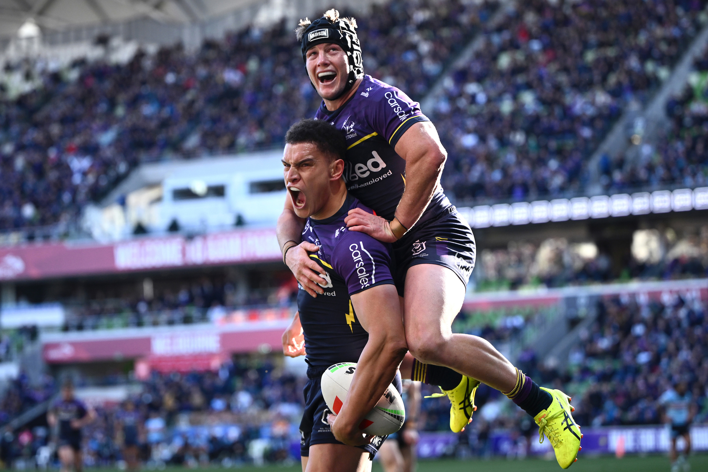 Will Warbrick of the Storm celebrates scoring a try. Photo / Photosport