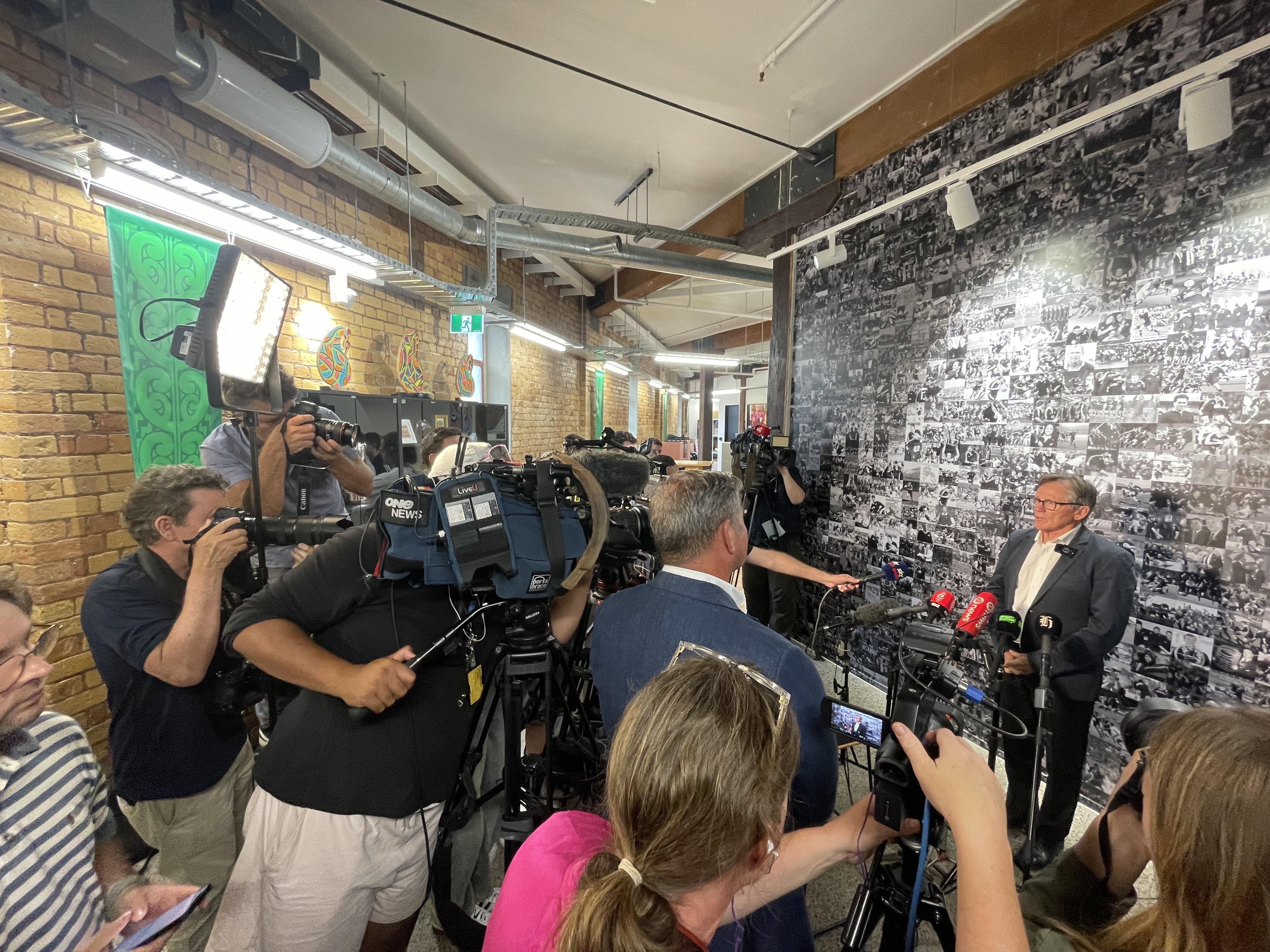 NZR chairman David Kirk fronts up to the media pack at NZR's Auckland office.