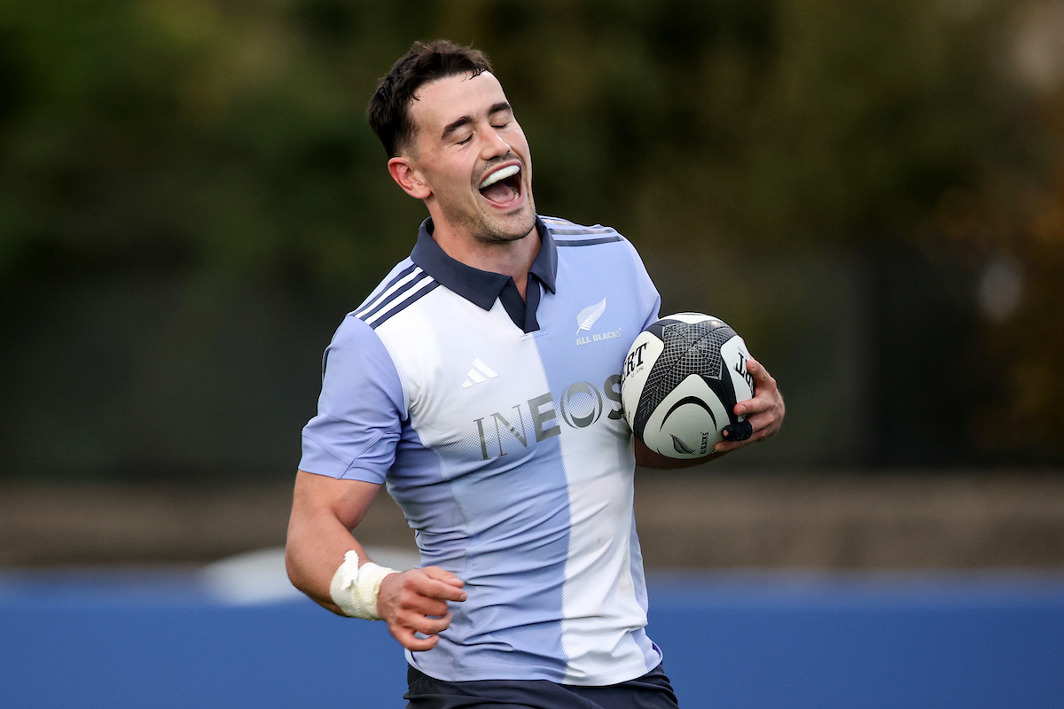 The Ineos logo appeared on the All Blacks training strip last year. Photo / Photosport