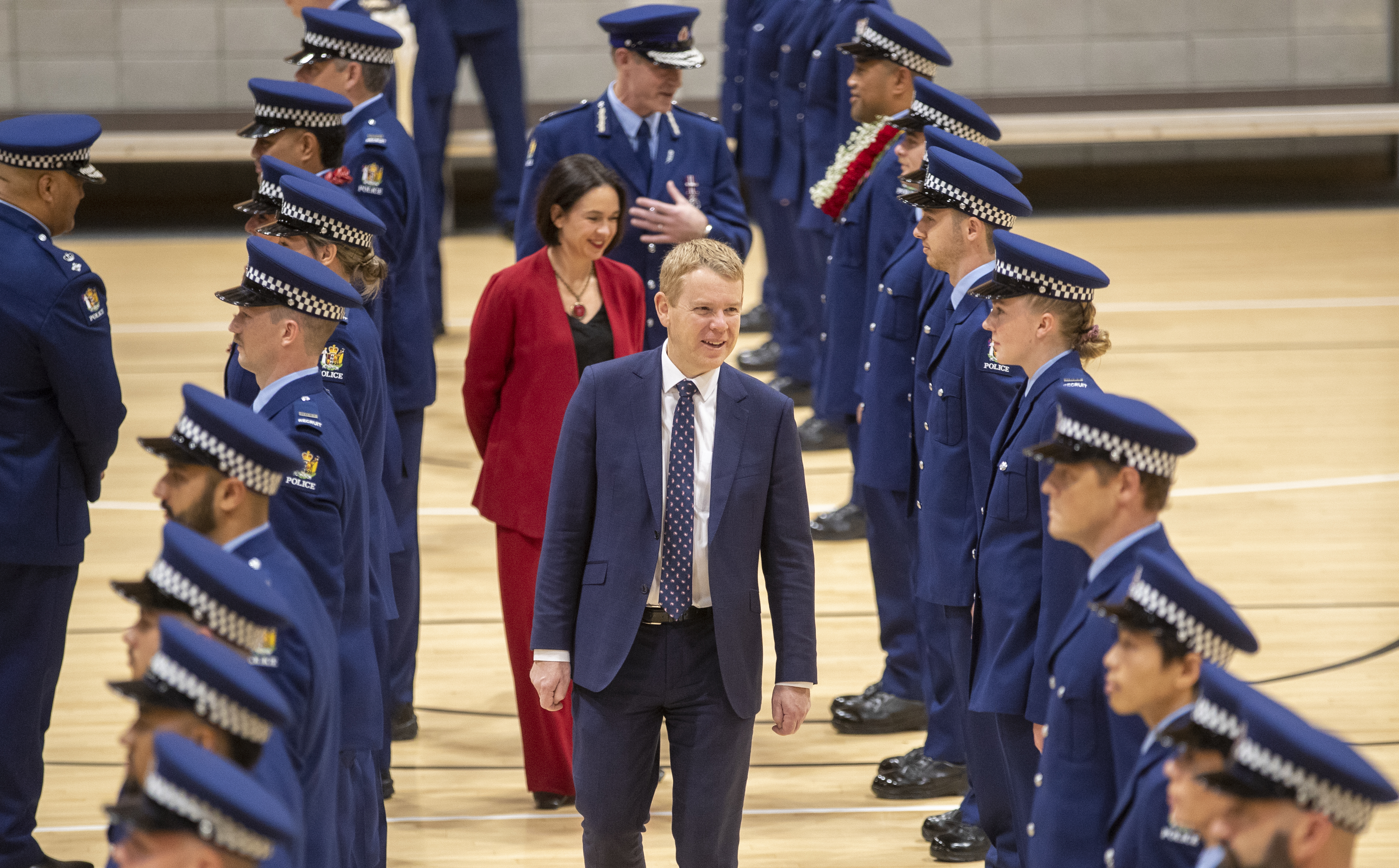Prime Minister Chris Hipkins at the latest police graduation with Police Minister Ginny Andersen and Commissioner Andrew Coster. Photo / Mark Mitchell