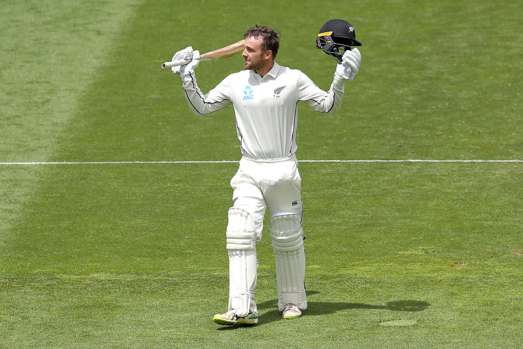 Tom Blundell celebrates his century. Photo / Getty