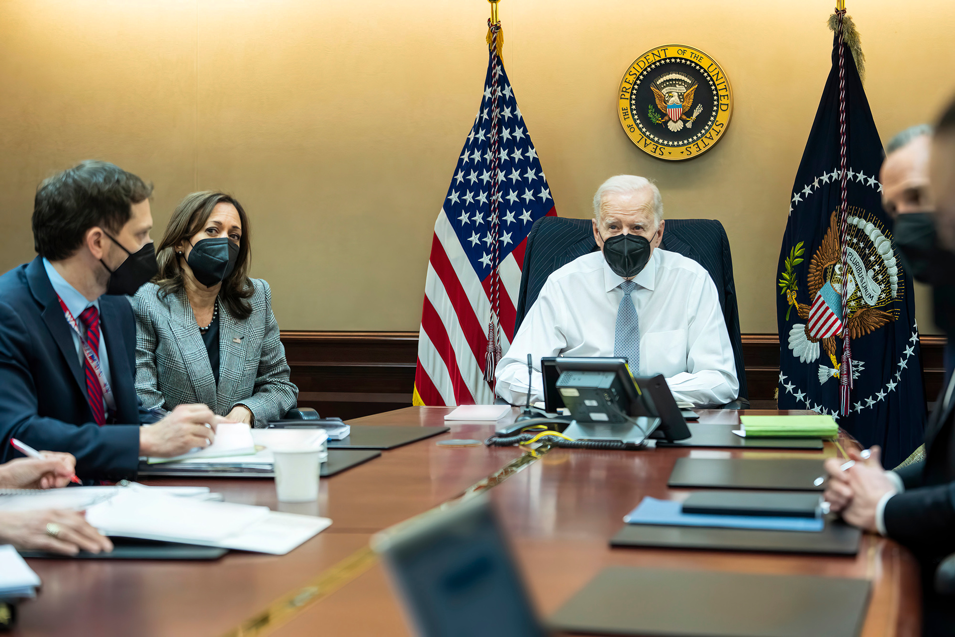 In this image provided by The White House, President Joe Biden and Vice President Kamala Harris and members of the President's national security team observe from the Situation Room. Photo / AP