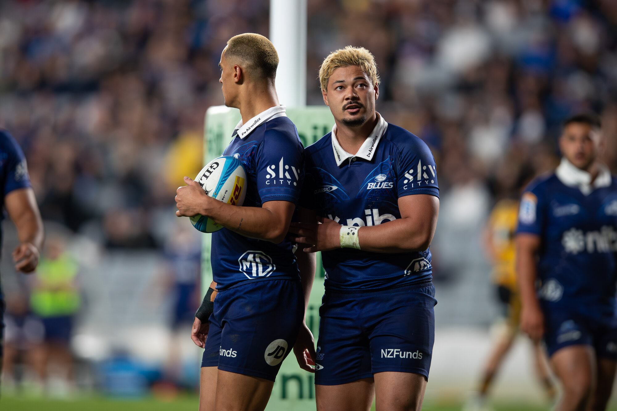 Zarn Sullivan and AJ Lam during the Blues' loss to the Hurricanes at Eden Park. Photo / Alyse Wright.