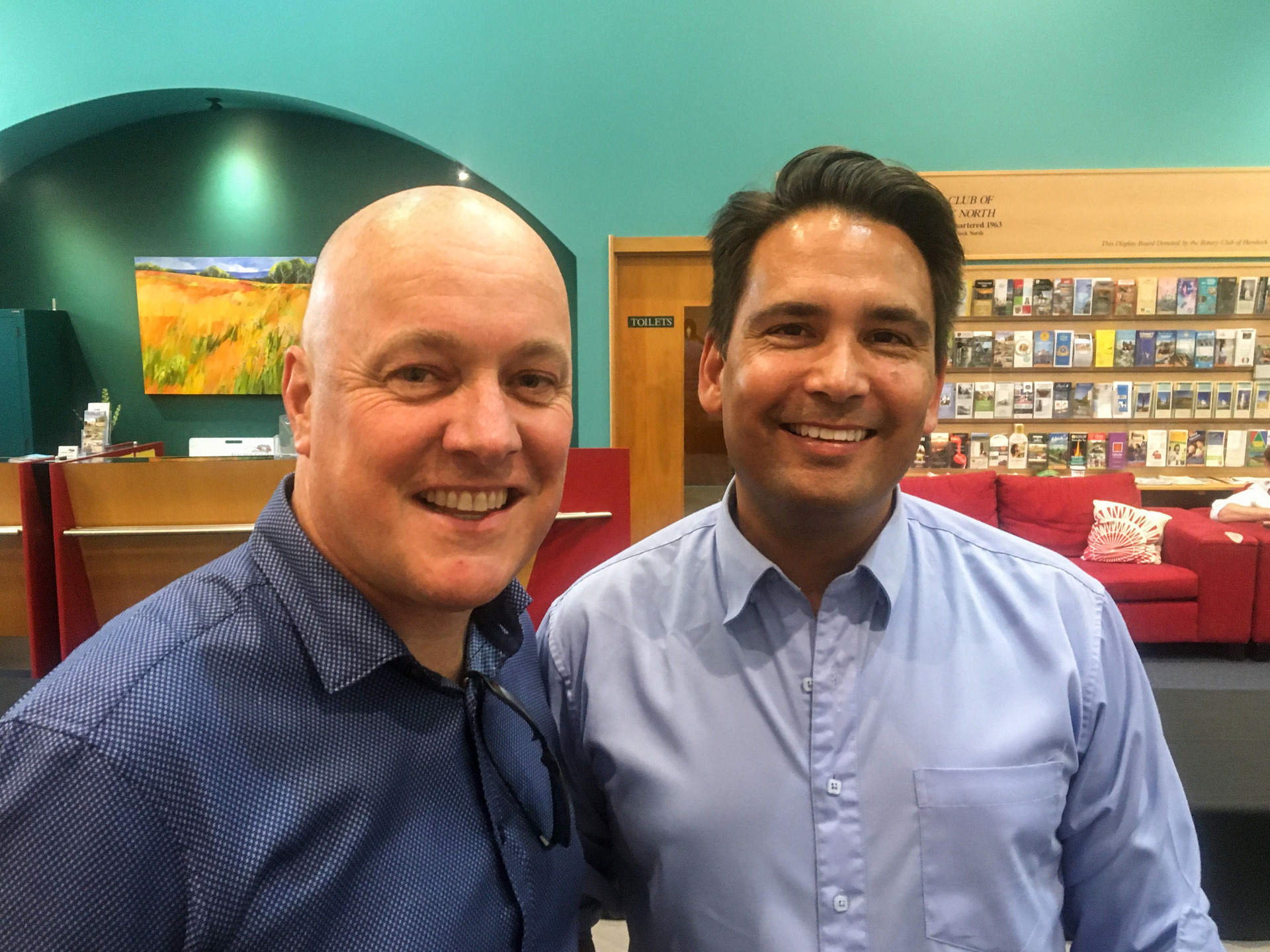 National Party candidate Christopher Luxon and National Party leader Simon Bridges at the National Party retreat in Havelock North. Photo / Claire Trevett