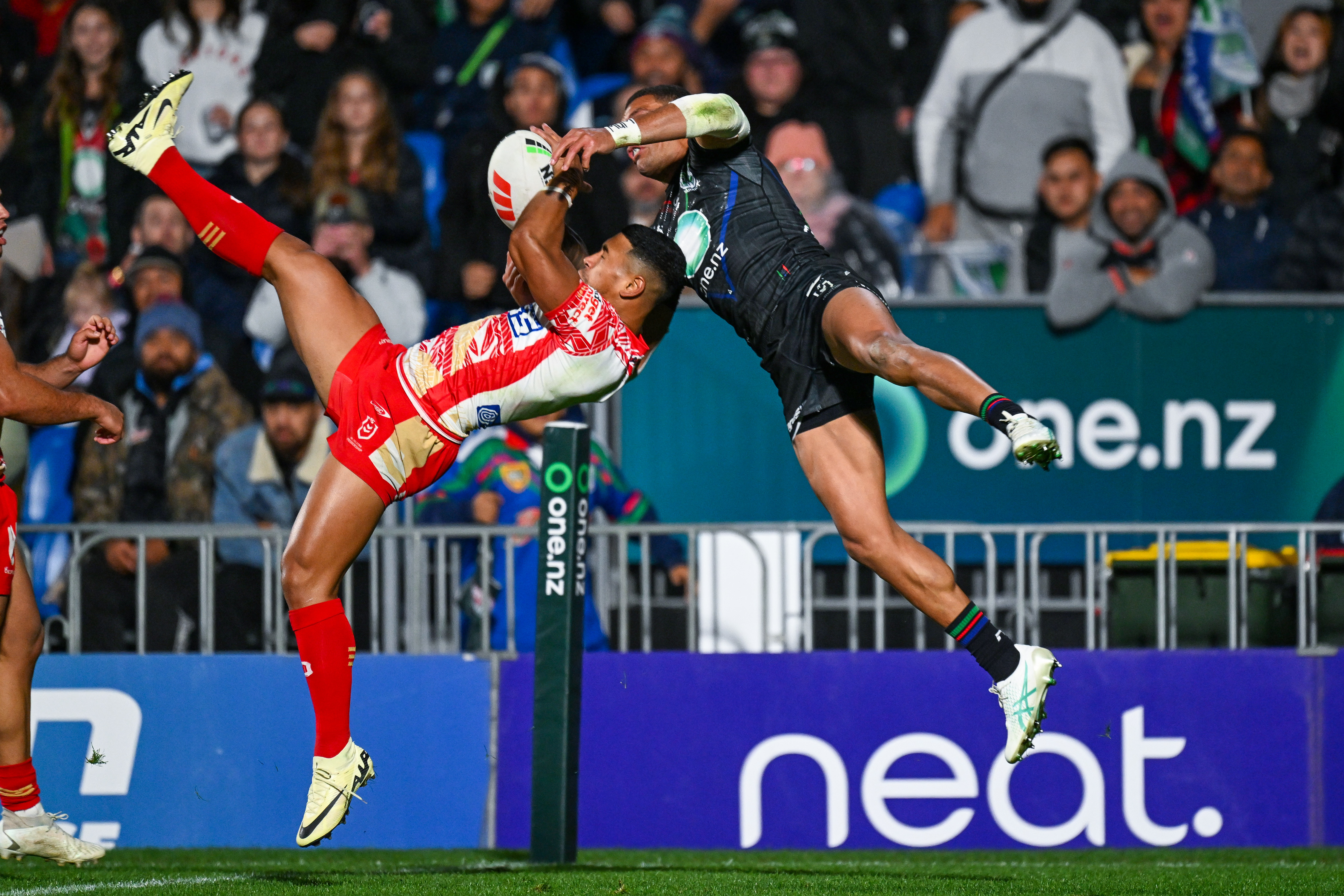 Jamayne Isaako and Marcelo Montoya contest a high ball. Photo / Photosport