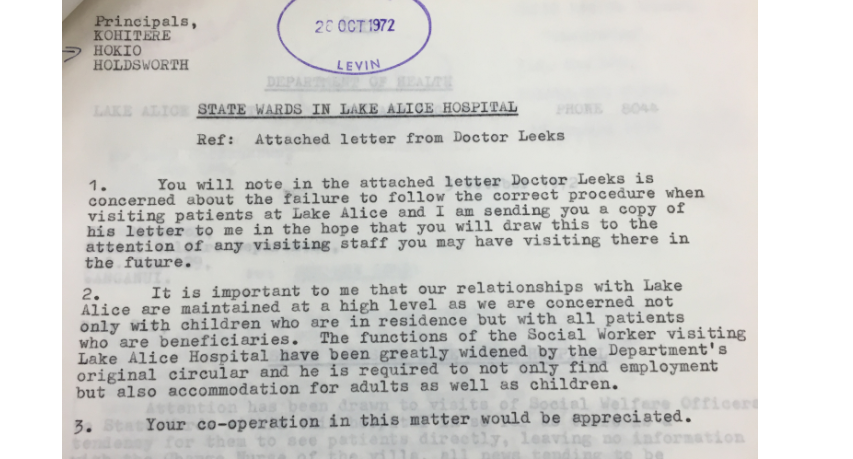 A 1972 letter from the Director of Social Welfare, emphasising the importance of good relations with the Lake Alice psychiatric hospital. Photo / David Fisher