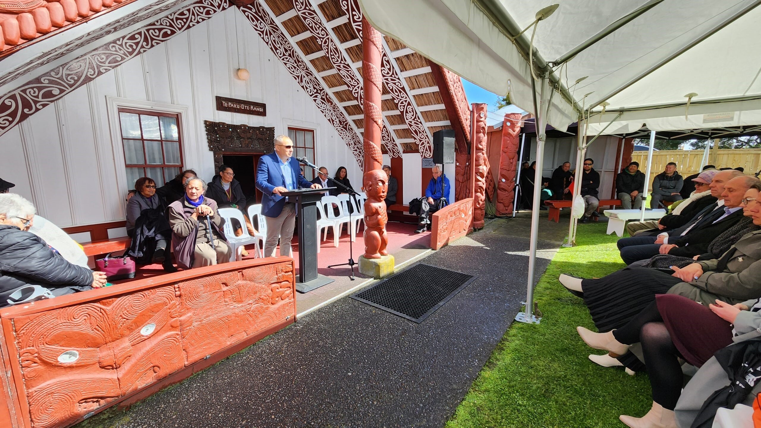 Gerrard Albert speaks at Pūtiki Marae at the launch of the Whanganui River strategy Te Heke Ngāhuru Ki Te Awa Tupua. Photo / Moana Ellis