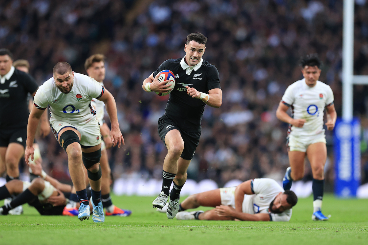 All Blacks fullback Will Jordan breaks away to score against England at Twickenham in 2024. Photo / Photosport