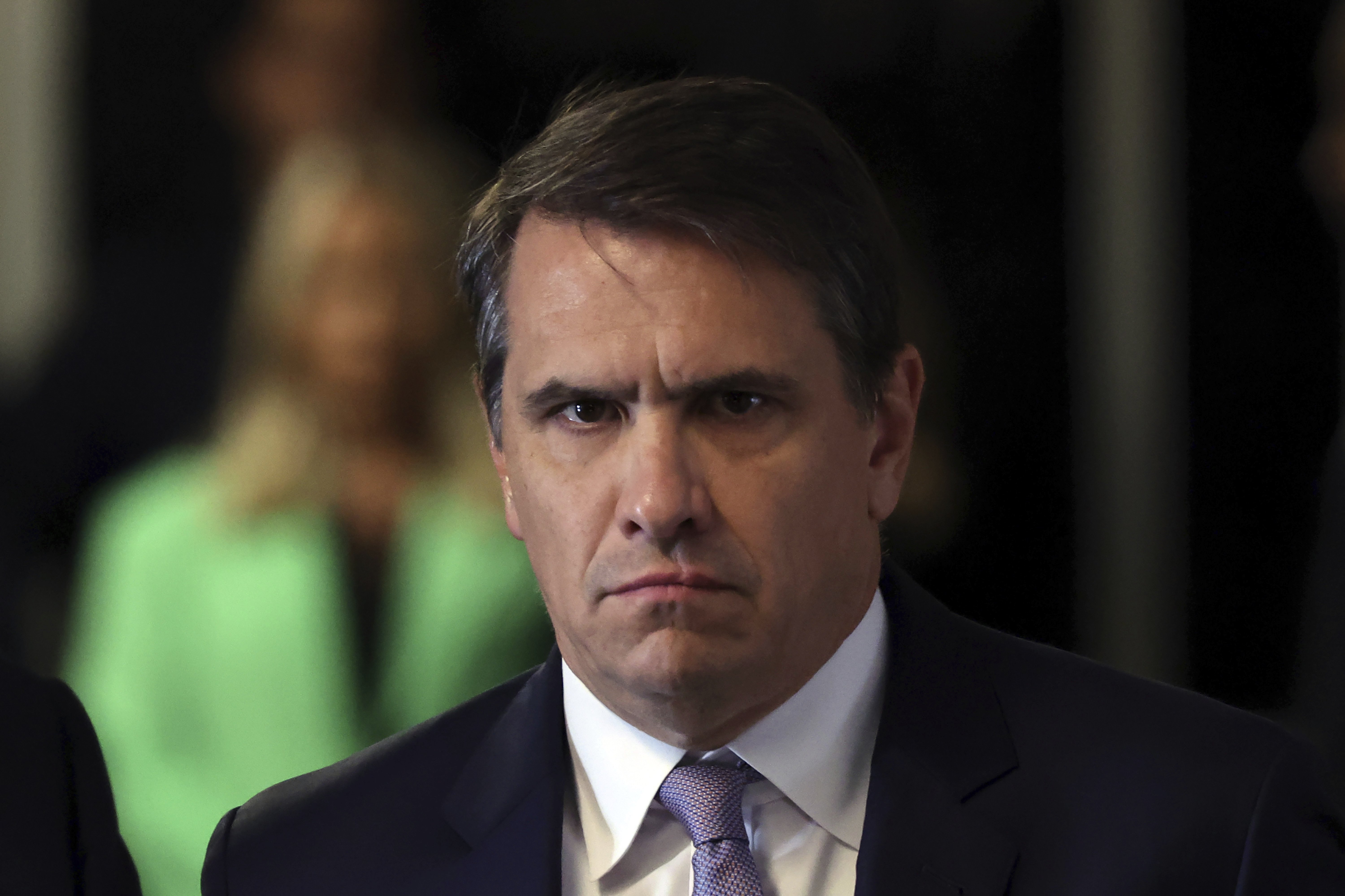 Attorney Todd Blanche listens as his client, former President Donald Trump, speaks as he arrives at Manhattan criminal court. Photo / Pool via AP