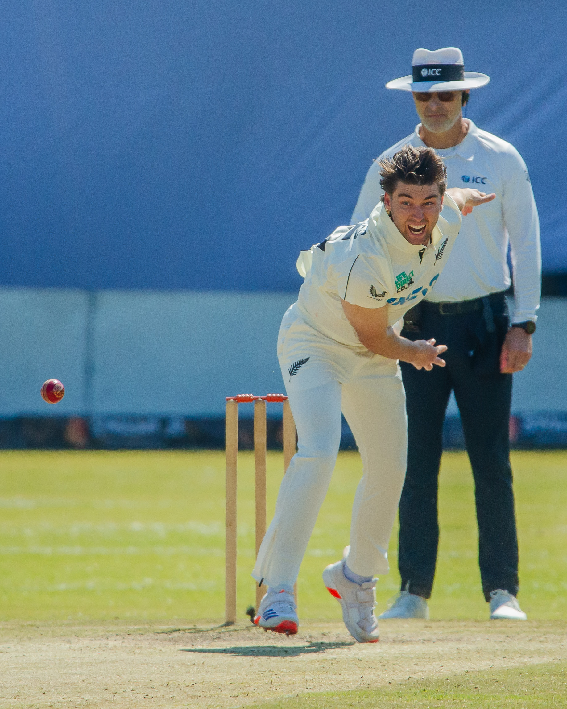 Zak Foulkes bowls on day three of the second test against Zimbabwe. Photo / Zimbabwe Cricket