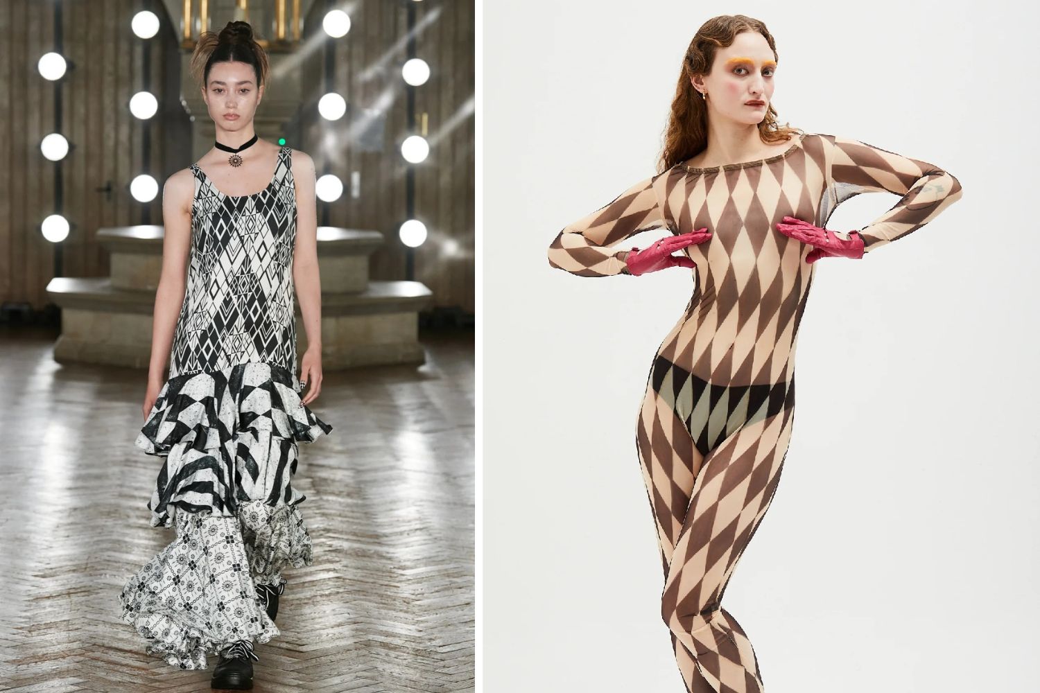 Left: Edward Crutchley's spring/summer 2024 collection featured an updated harlequin print. Right: Berlin-based brand Madmorpho's current collection includes a harlequin print bodysuit.