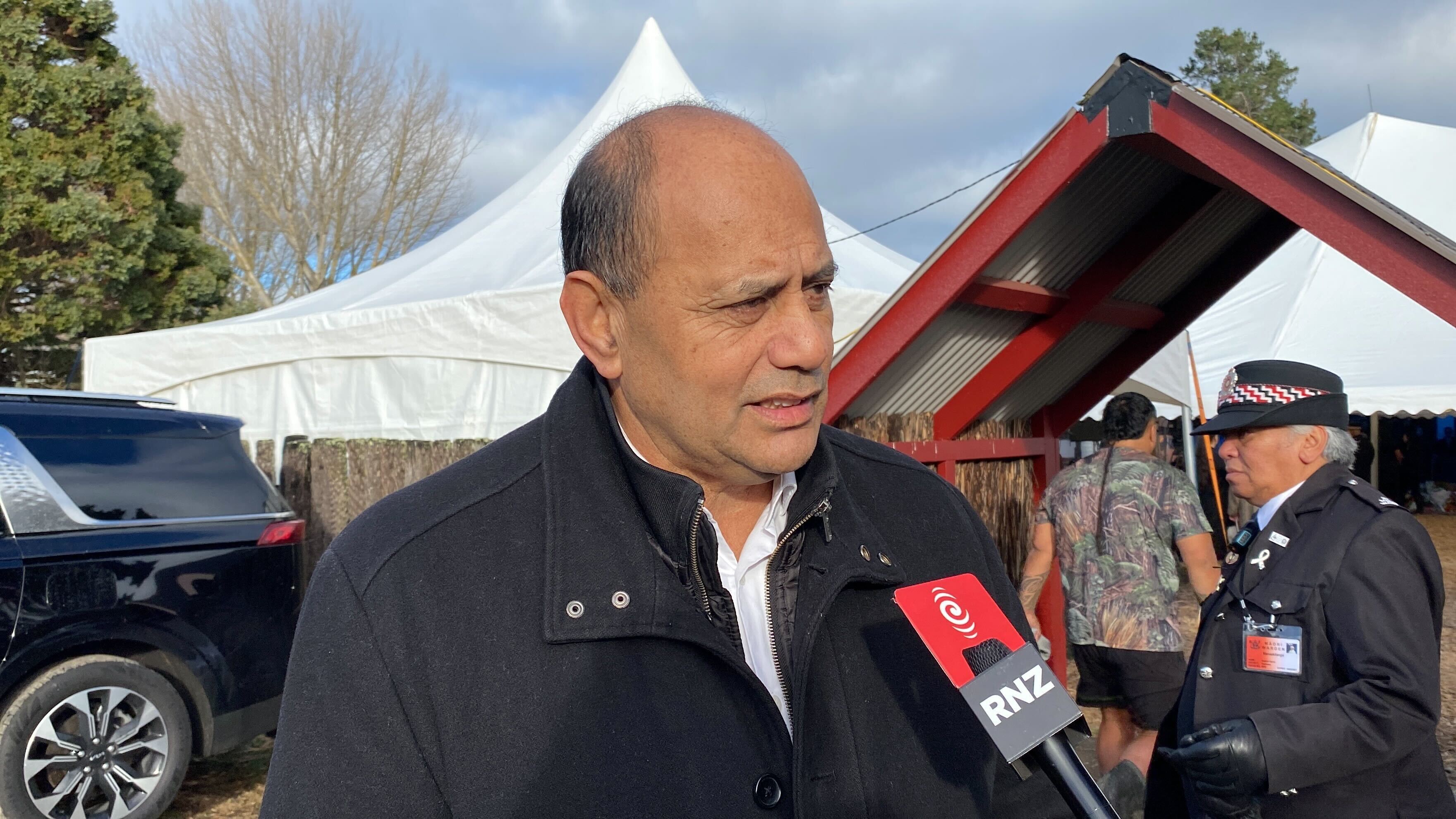 Labour MP Willie Jackson speaks to media ahead of the tangi for Te Pāti Māori MP Takutai Tarsh Kemp at Ōpaea Marae in Taihape. Photo / Julia Gabel