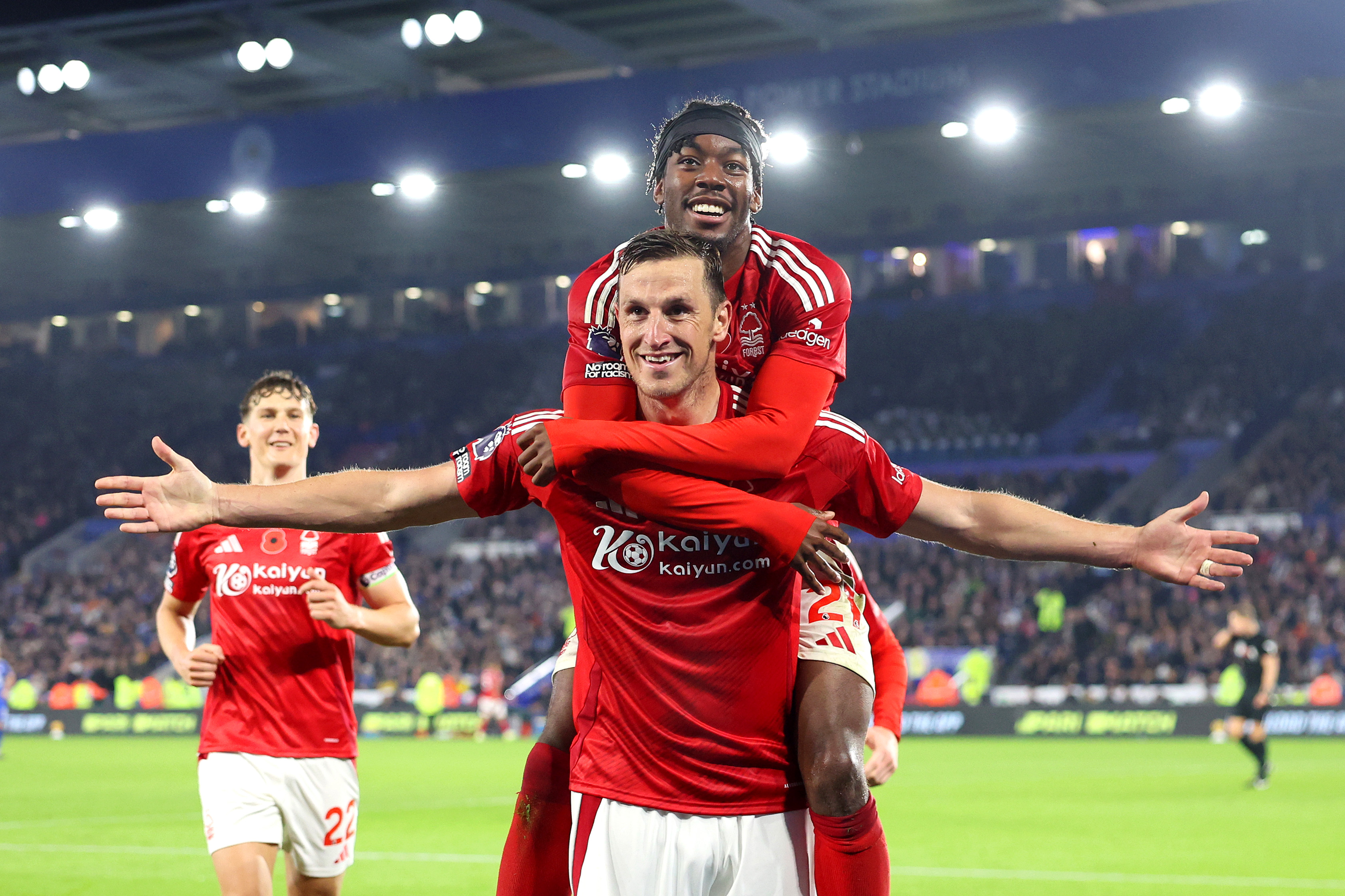 Chris Wood celebrates with teammate Anthony Elanga after scoring Nottingham Forest's third goal against Leicester City. Photo / Getty Images