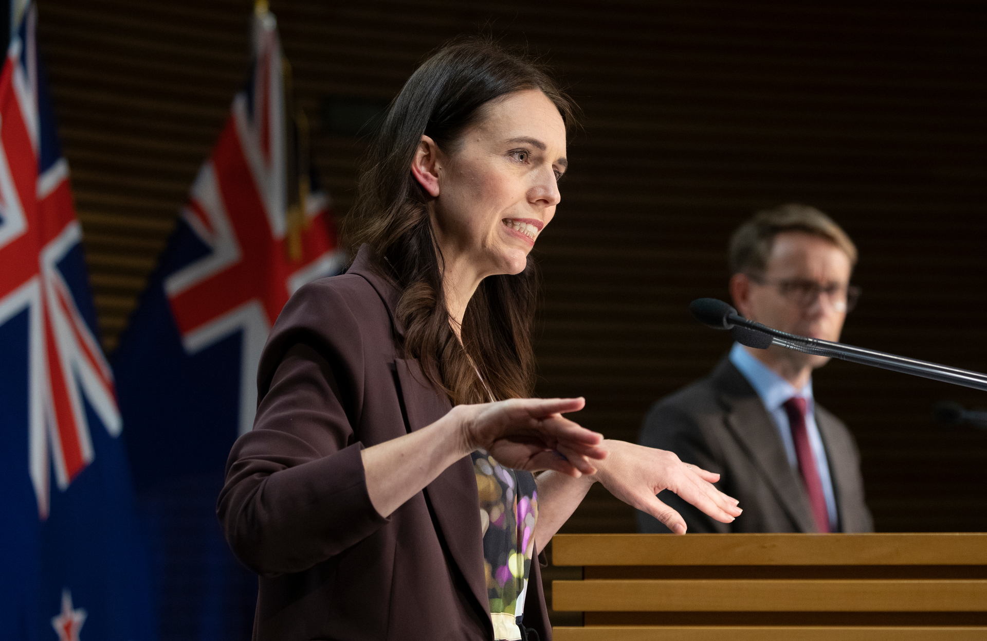 Prime Minister Jacinda Ardern and director general of health Dr Ashley Bloomfield announcing that hairdressers can open in Auckland from Thursday. Photo / Mark Mitchell