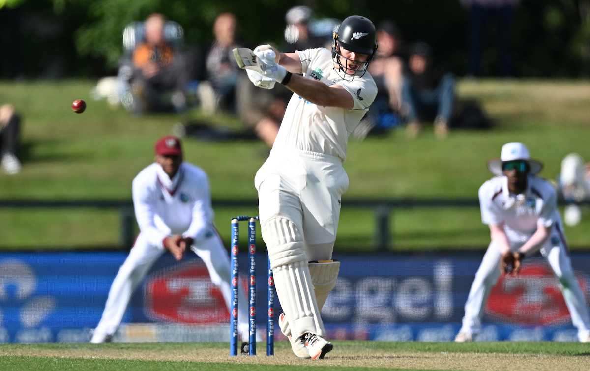 New Zealand's Michael Bracewell pulls against the West Indies in Christchurch. Photo / Photosport