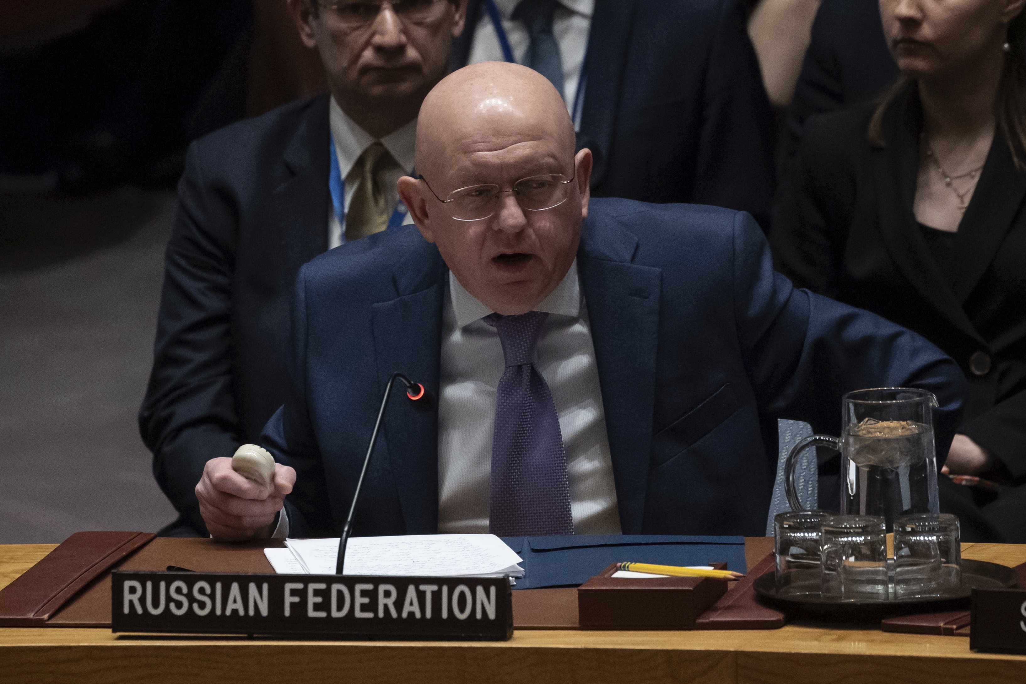 Vasily Nebenzya, Ambassador and Permanent Representative of Russia to the United Nations, speaks during a Security Council meeting at United Nations headquarters. Photo / AP