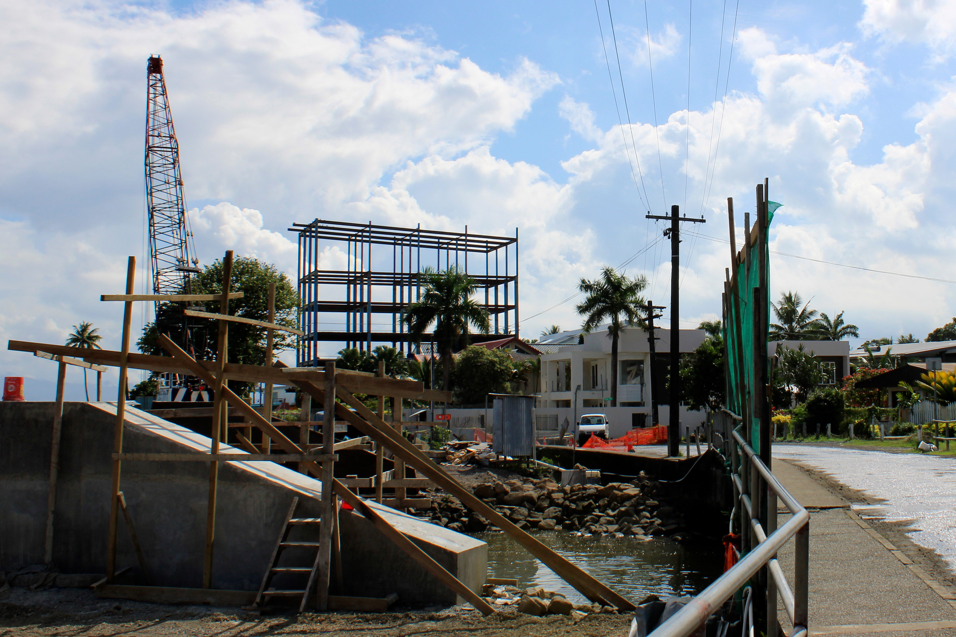 Scaffolding is erected at a China Railway construction site along the seawall near the Chinese Embassy in Suva, Fiji. Photo / AP