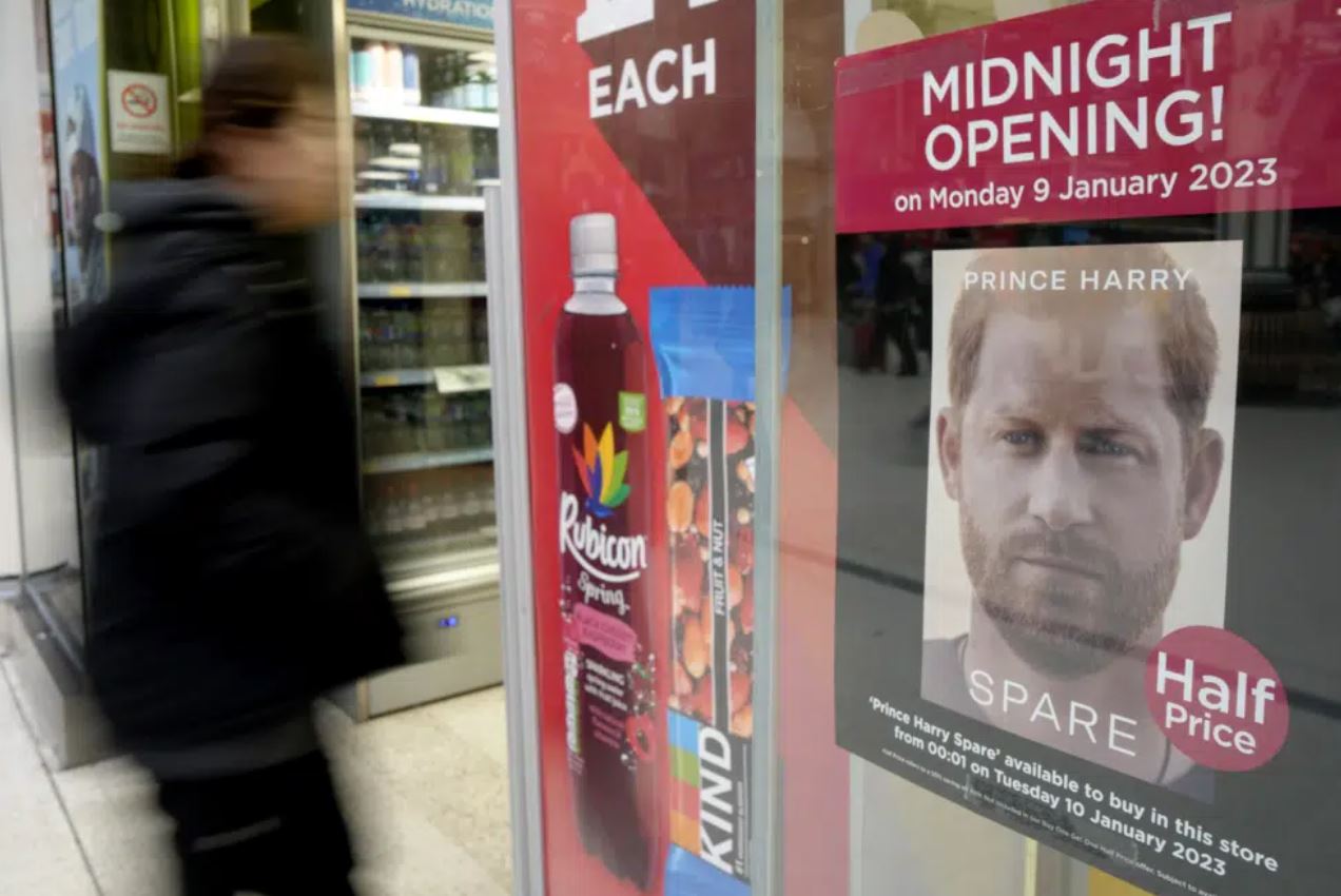 The new book by Prince Harry, Spare, being promoted in London. Photo / AP