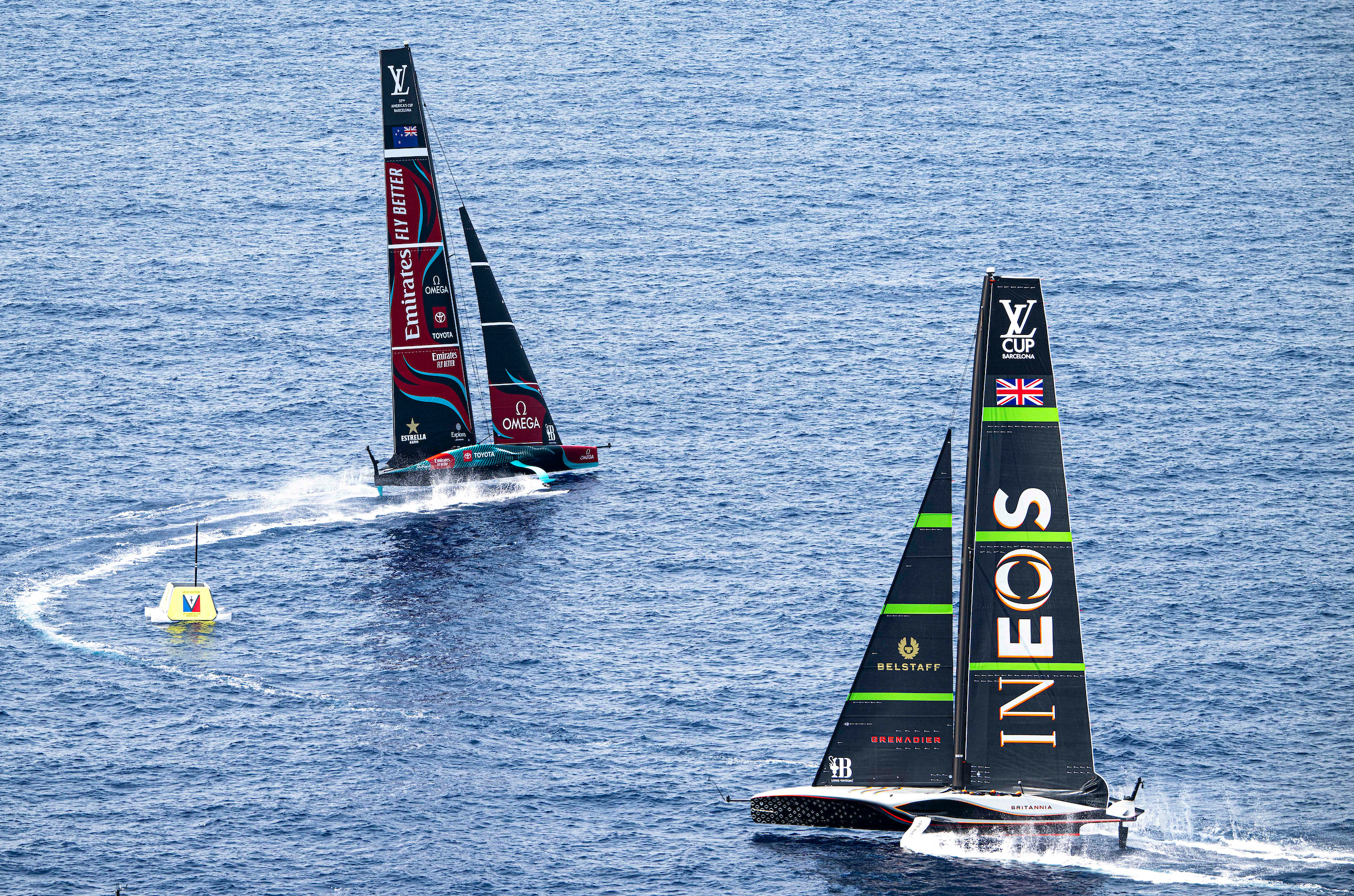 Emirates Team New Zealand and Ineos Britannia during a training session in Barcelona. Photo / Ricardo Pinto, America's Cup. 