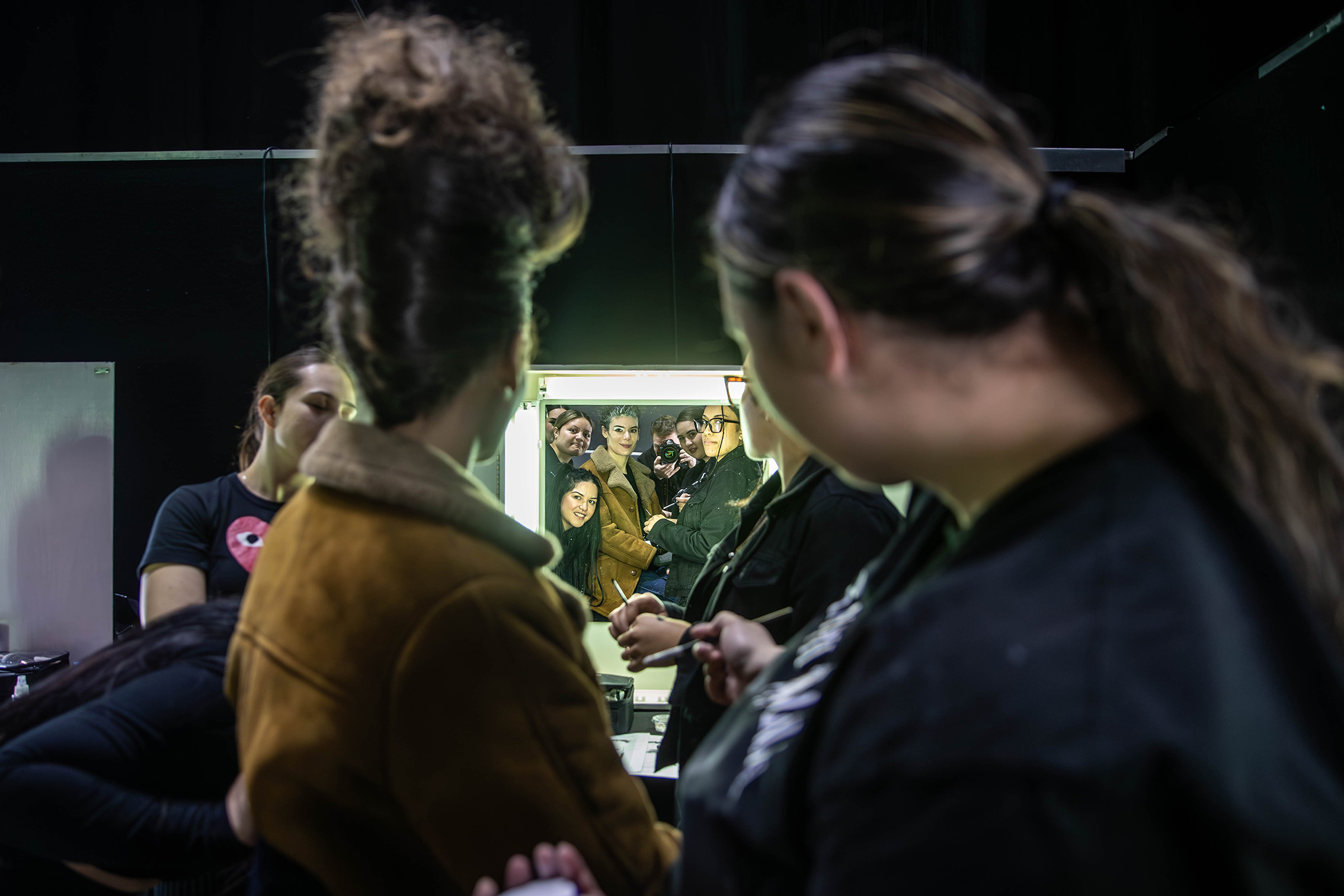 8.52am: From hair to makeup. Halfway there for Hope Phillips, ahead of the opening show of Day One of New Zealand Fashion Week: Kahuria. Photo / Michael Craig