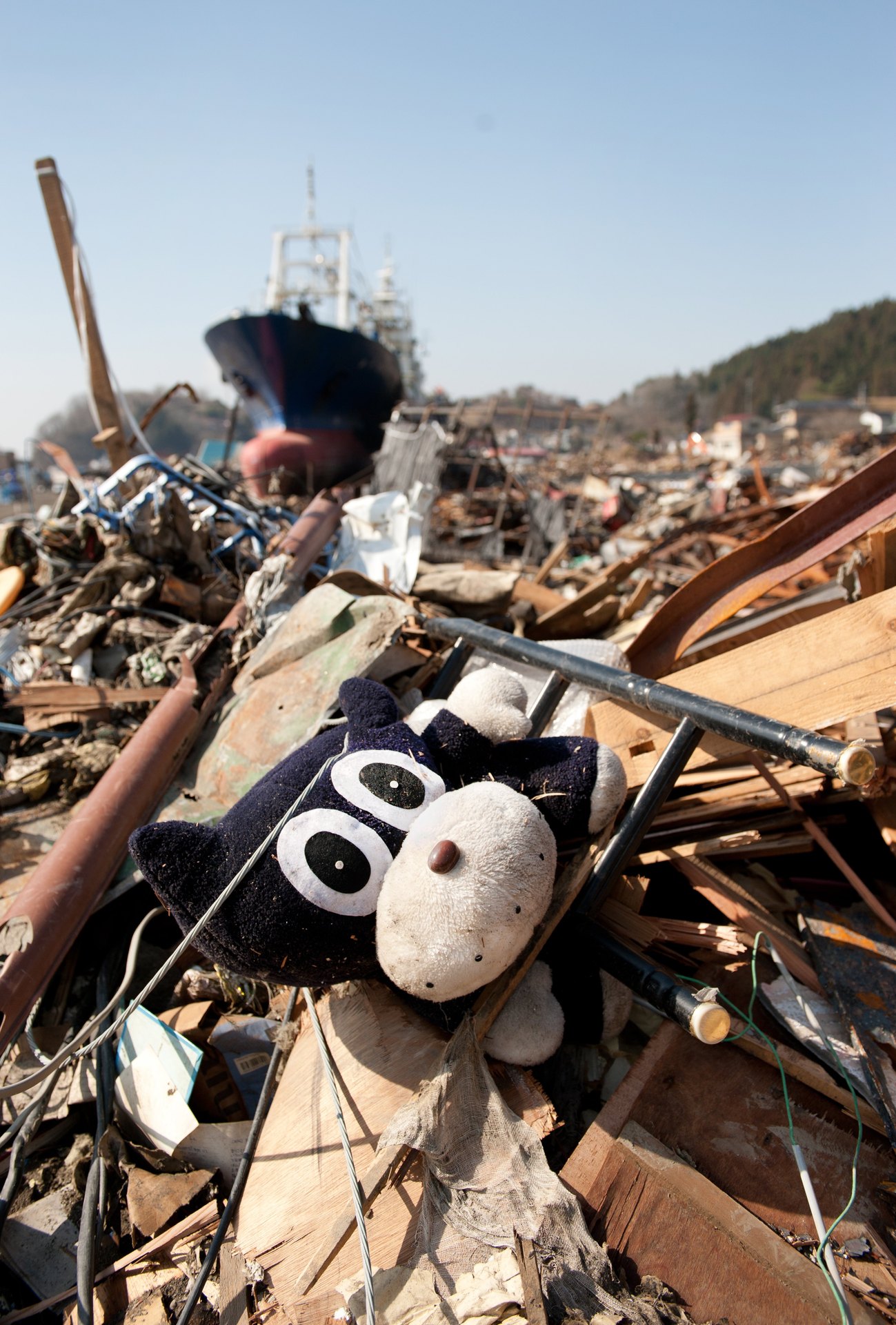 A stuffed animal caught in wreckage with the freighter Asia Symphony in the background. Photo / Getty 