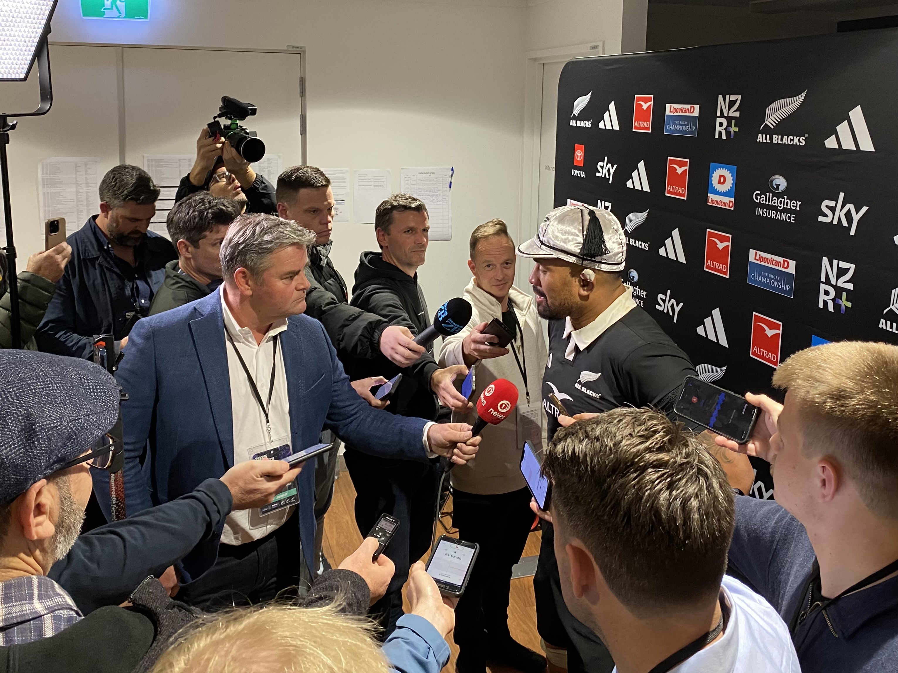 Ardie Savea talks with media after the Eden Park test.